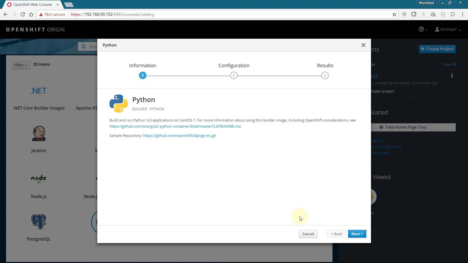 A screenshot of the OpenShift Origin web console showing a modal for the Python builder image, with the Python logo, a brief description about building Python 3.6 on CentOS 7, and a three-step progress bar. Other builder images are visible blurred in the background and the modal shows Cancel and Next buttons.