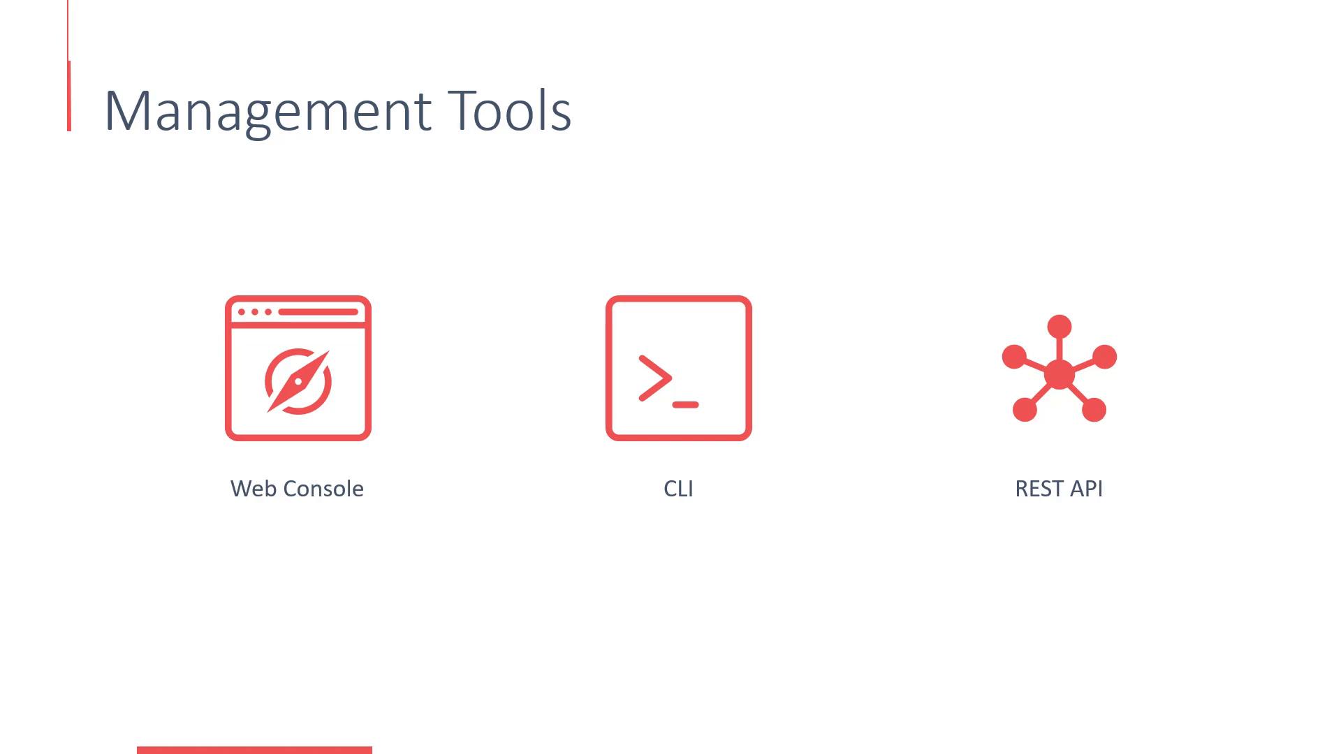 A presentation slide titled "Management Tools" showing three red icons labeled "Web Console," "CLI," and "REST API." Each icon visually represents its tool (browser window, command-line prompt, and a network/node diagram).