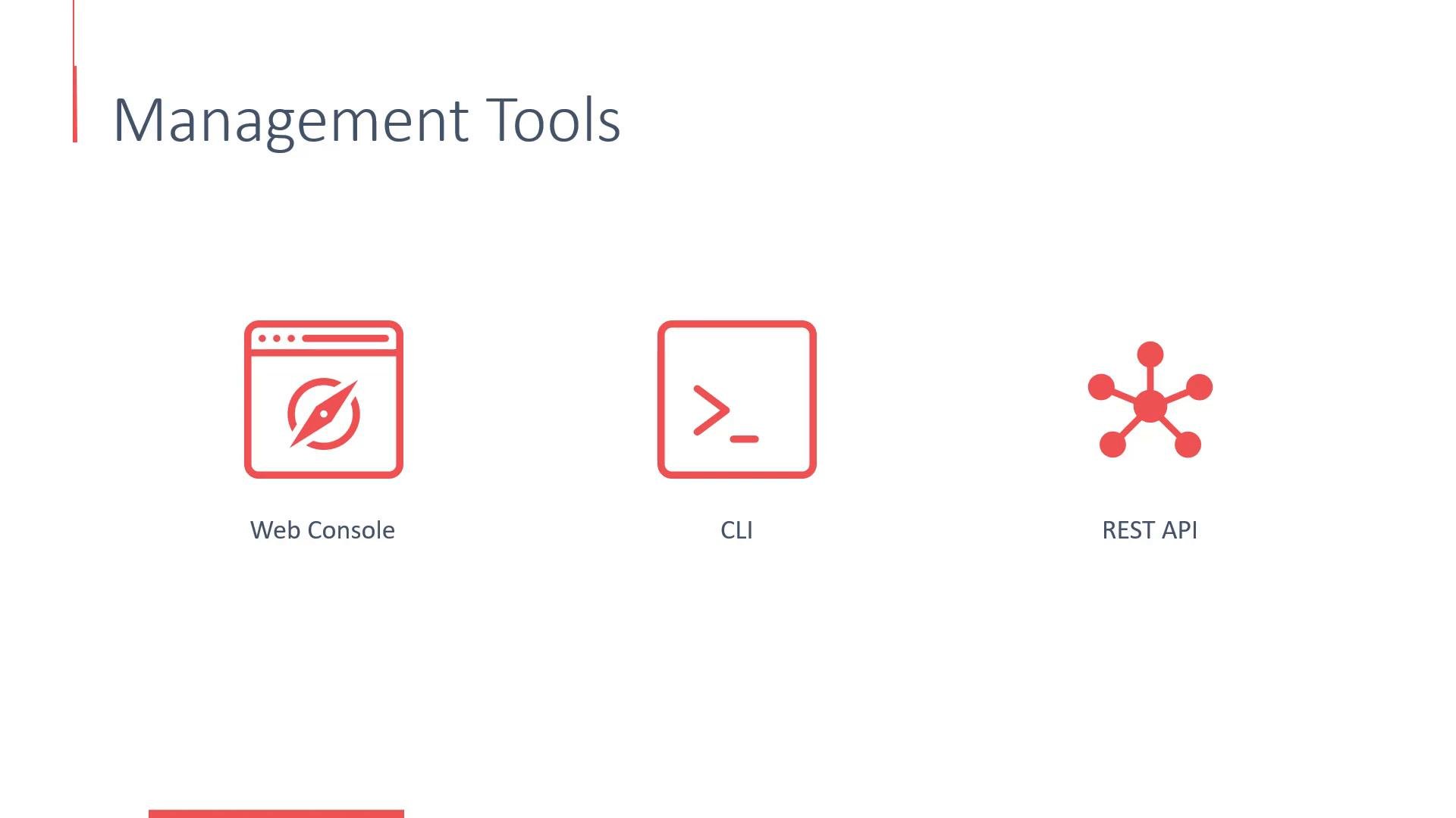 A presentation slide titled "Management Tools" showing three red icons labeled "Web Console," "CLI," and "REST API." Each icon visually represents its tool (browser window, command-line prompt, and a network/node diagram).