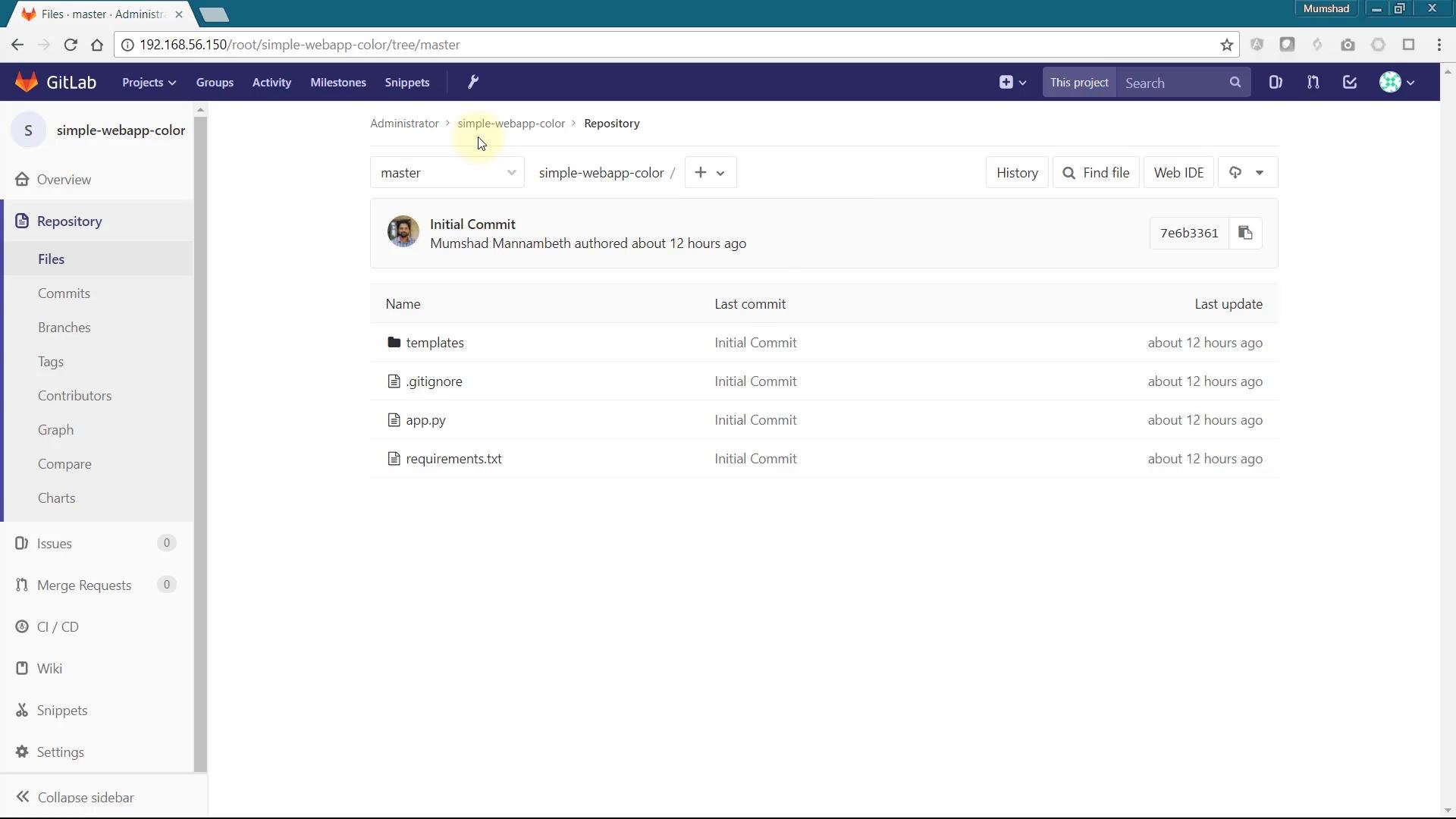 A screenshot of the GitLab web interface showing the "simple-webapp-color" repository on the master branch. The file list shows a templates folder plus .gitignore, app.py and requirements.txt with an initial commit about 12 hours ago.