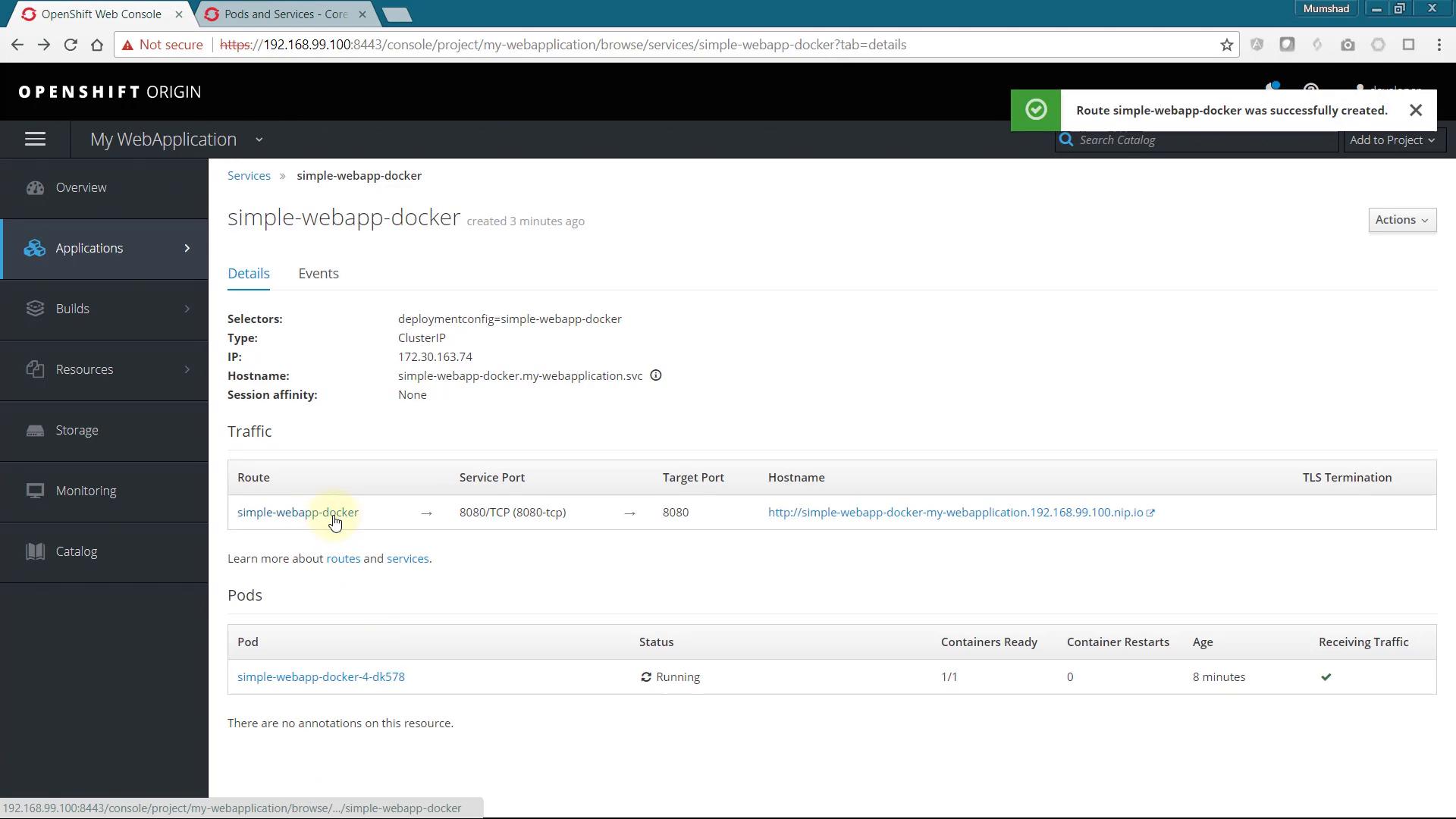A screenshot of the OpenShift Origin web console displaying the "simple-webapp-docker" service details, including selectors, IP/hostname, route and traffic information. The page also shows a pod entry with status "Running" and the service port mapped to 8080.