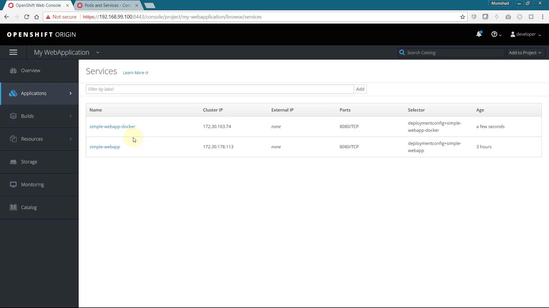 A screenshot of the OpenShift Origin web console on the "Services" page for a project called "My WebApplication," listing two services ("simple-webapp-docker" and "simple-webapp") with Cluster IPs and ports (8080/TCP).