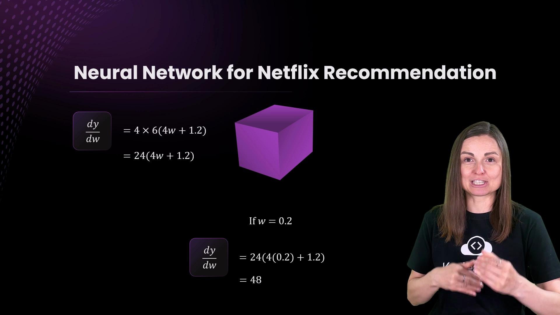The image features text explaining a neural network for Netflix recommendations, with equations and a 3D purple cube in the background and a person speaking in the foreground.