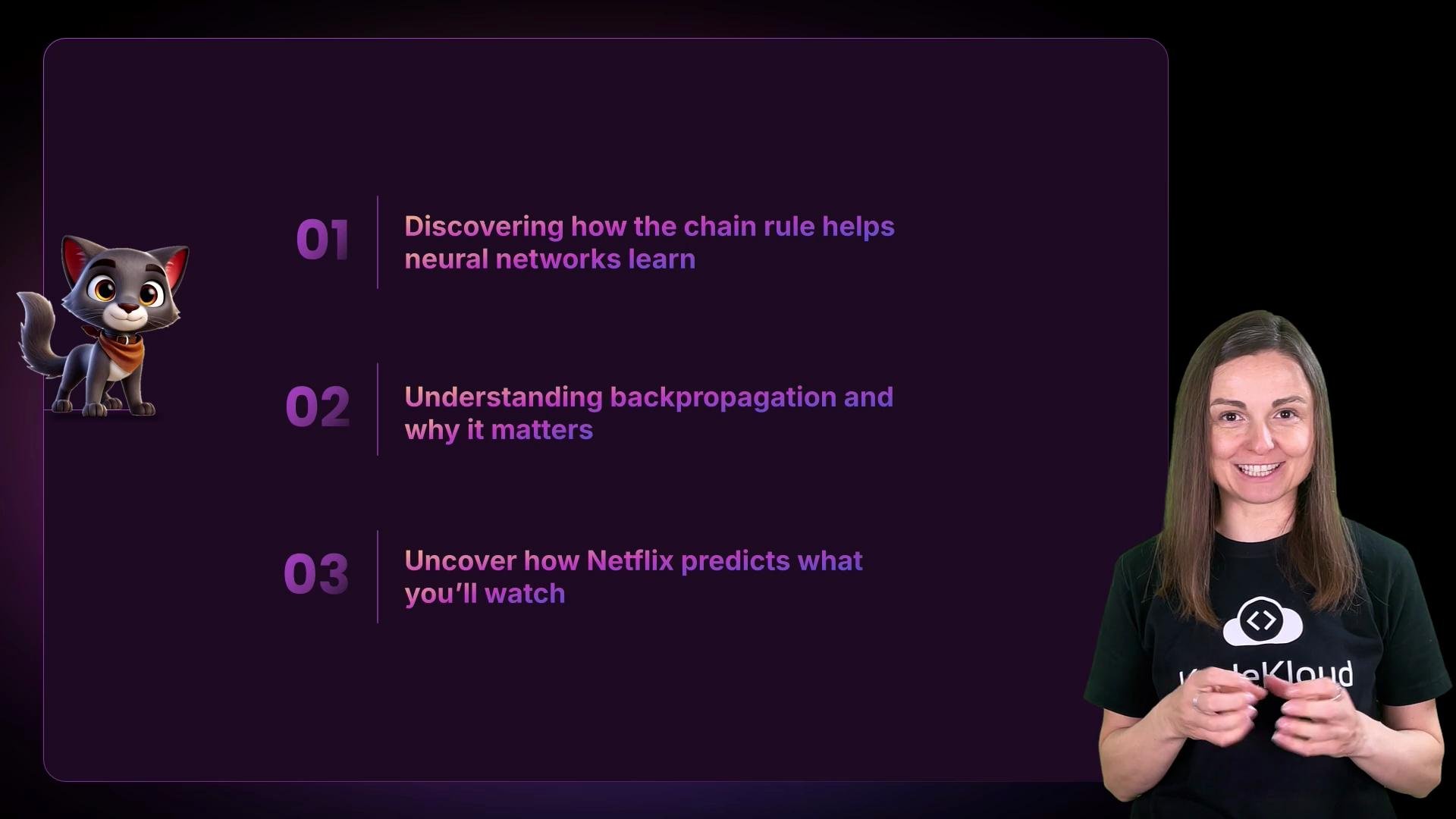 The image features a list of three topics about neural networks and prediction, alongside a cartoon dog and a person wearing a "KodeKloud" shirt.