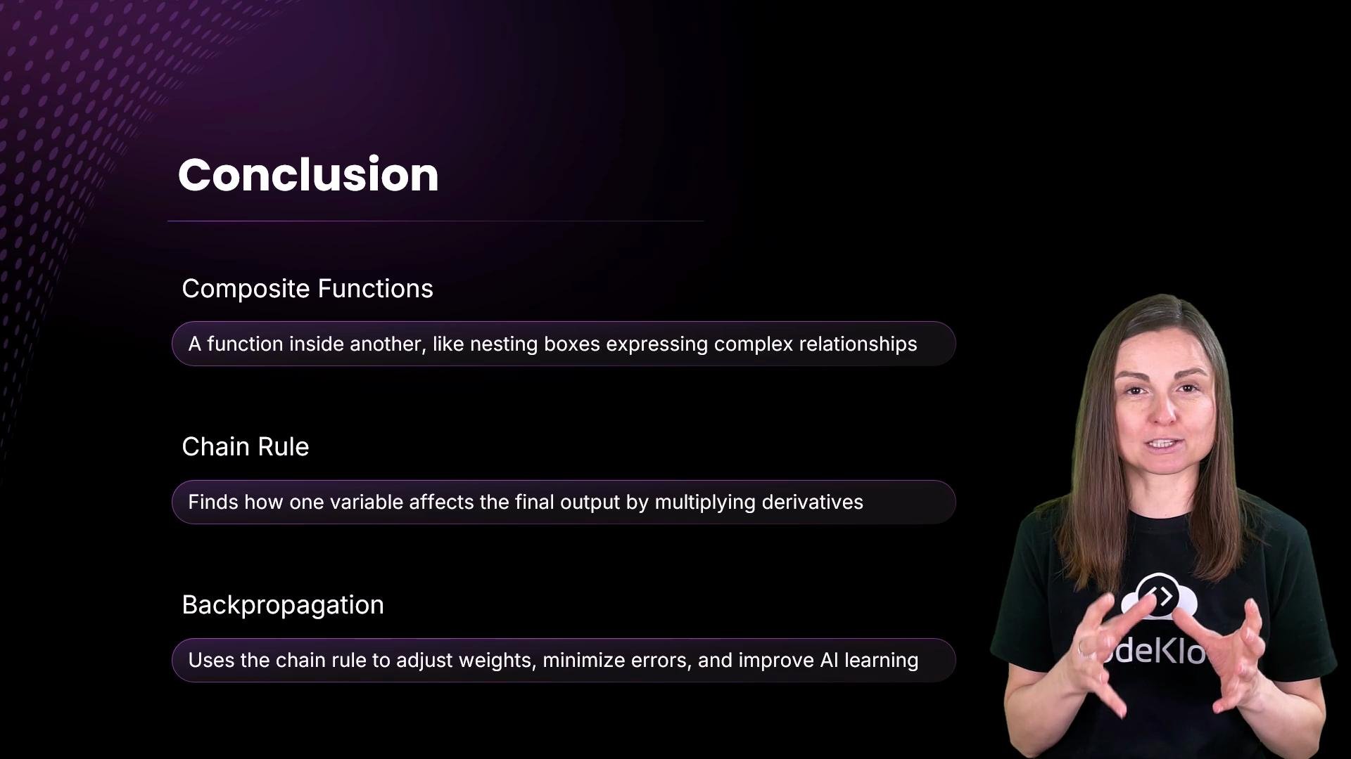 The image features a woman standing beside a presentation slide titled "Conclusion," which summarizes concepts such as composite functions, chain rule, and backpropagation.