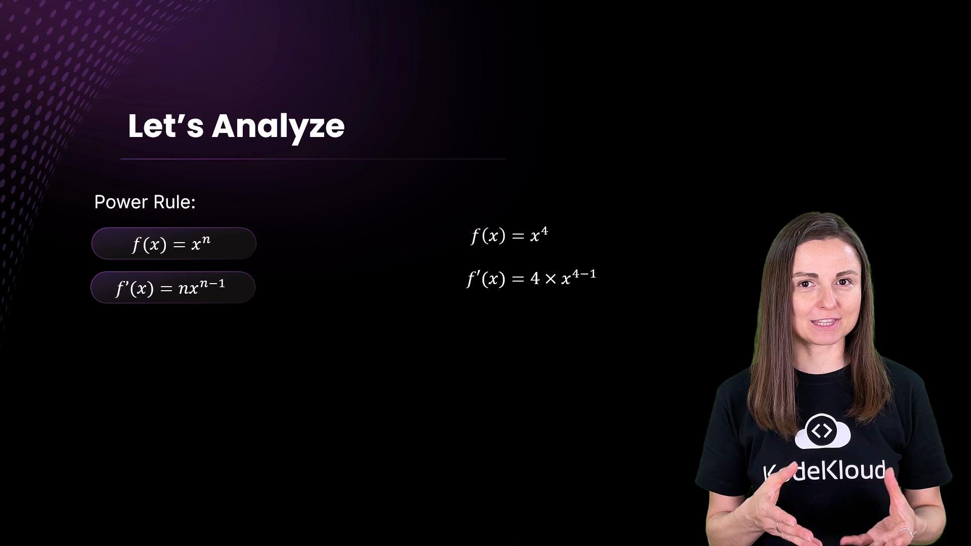 The image features a presentation on calculus, specifically the power rule for derivatives, with a speaker gesturing, wearing a "KodeKloud" shirt.