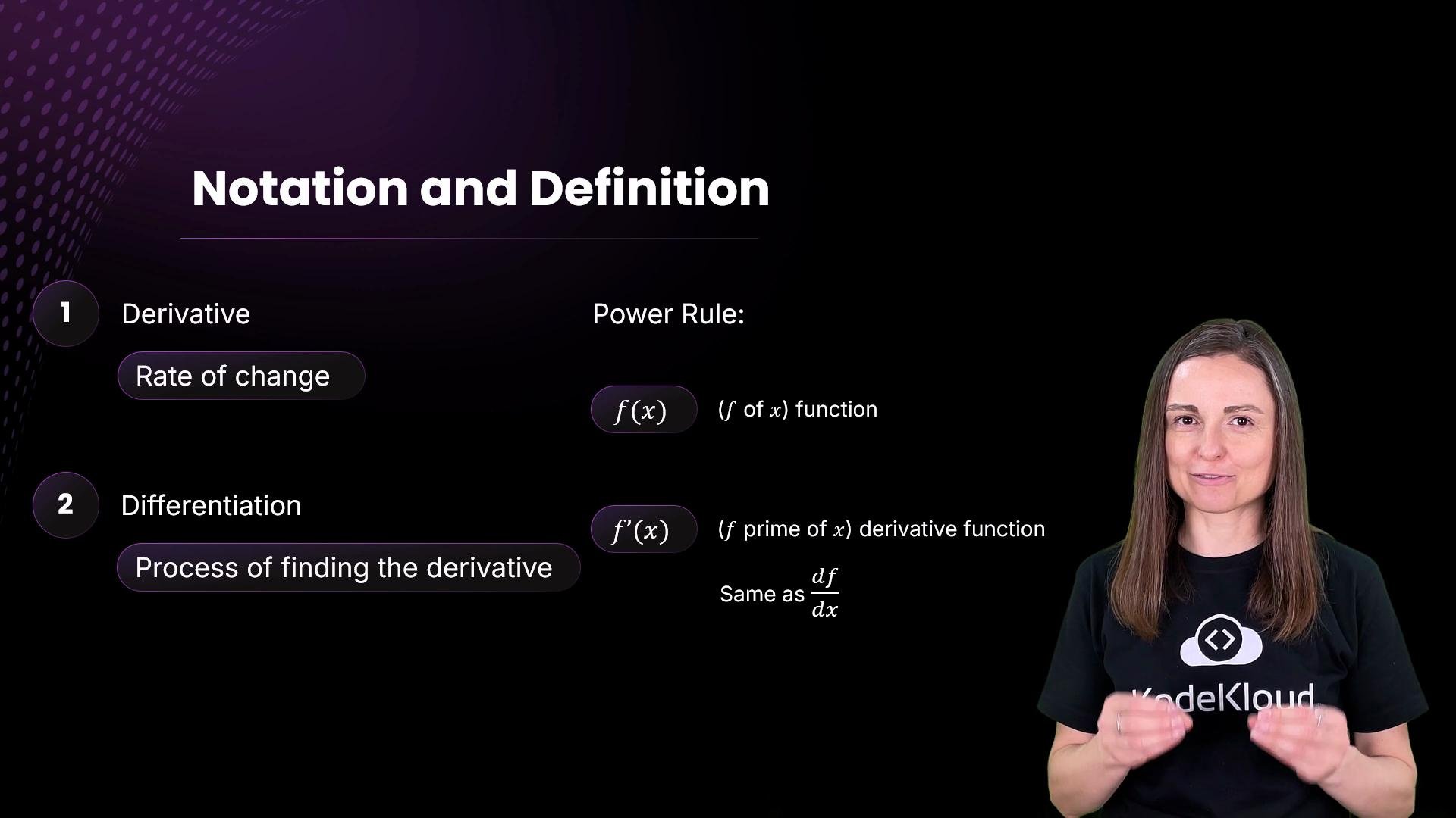 The image explains the concepts of derivatives and differentiation along with notation examples, and features a woman presenting on the right side.