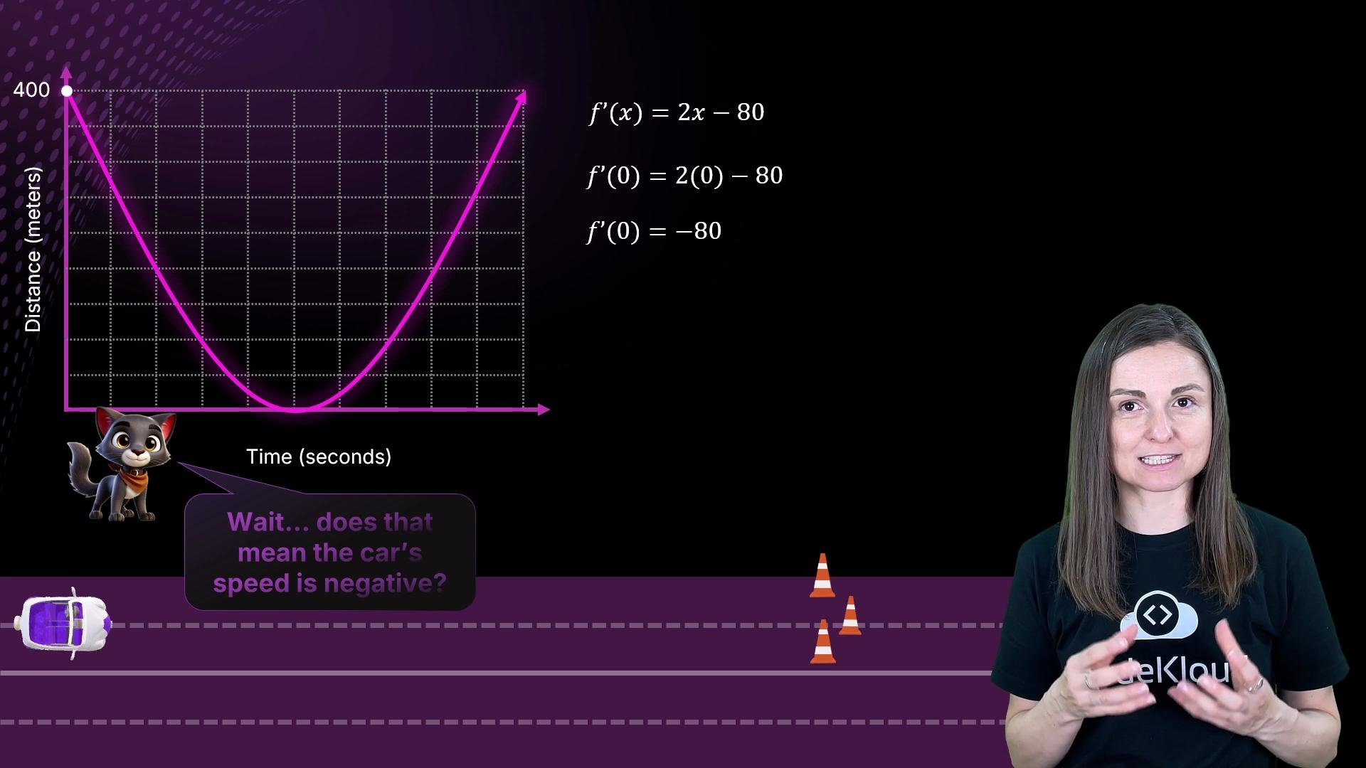 The image features a graph displaying a parabolic curve representing distance over time, with a derivative calculation and a question about negative speed. There is also a person gesturing, a cartoon cat, and a road with a car and cones at the bottom.