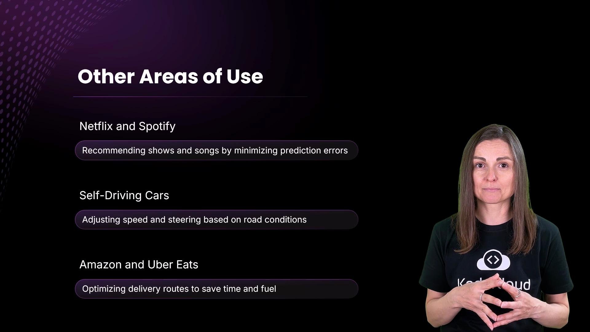 The image features a presentation slide explaining the use of machine learning in Netflix, Spotify, self-driving cars, and delivery services, alongside a person in a black shirt.