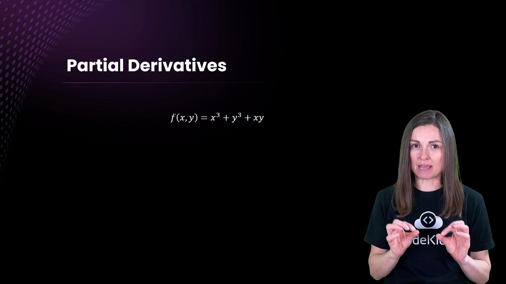 The image shows a presentation about partial derivatives with a mathematical function ( f(x, y) = x^3 + y^3 + xy ), alongside a person gesturing as if explaining the concept.