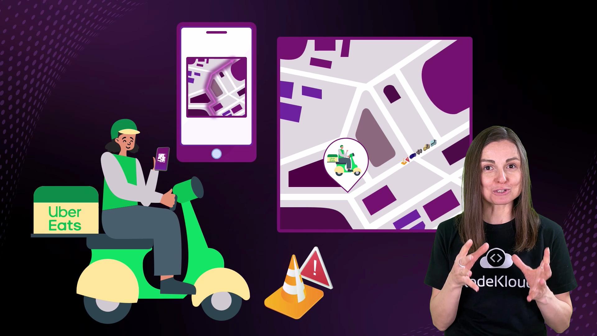 The image shows a person on a scooter with Uber Eats branding, holding a phone, alongside a map and app interface graphics. A woman is also present, gesturing as if speaking or explaining something.