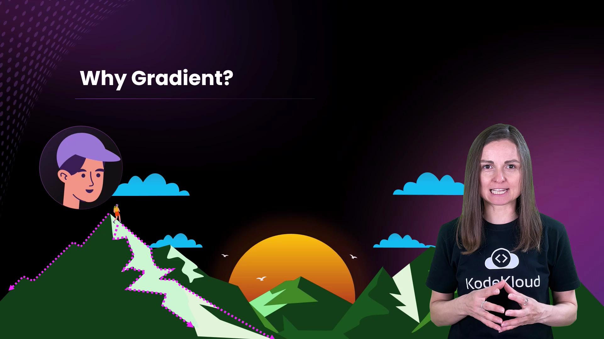 The image features a presentation slide titled "Why Gradient?" with a cartoon character, a mountainous landscape with a sunrise, and a person speaking next to it.