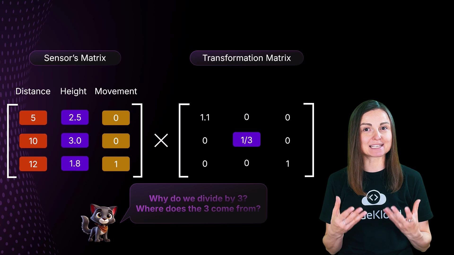 The image shows a graphical representation of a sensor's matrix being multiplied by a transformation matrix, with a person gesturing and a speech bubble asking about the division by 3.