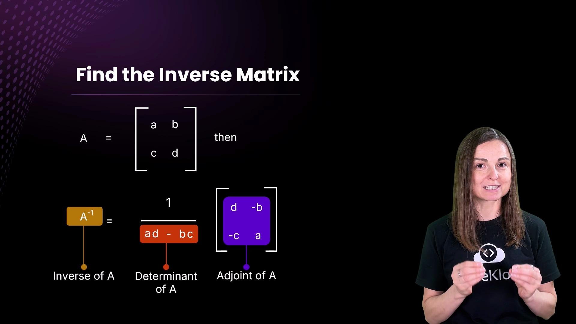 The image explains how to find the inverse of a 2x2 matrix, showing the formula involving the determinant and adjoint. A person is also present, likely giving an explanation.