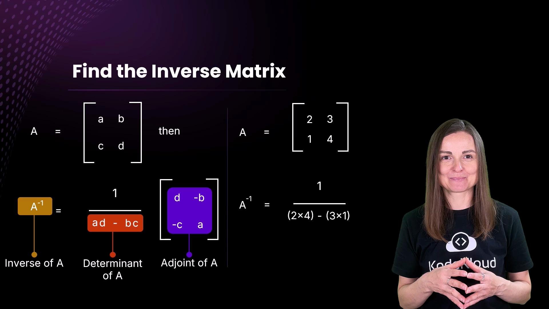 The image is a tutorial on finding the inverse of a 2x2 matrix, showing the formula and an example calculation. A woman stands to the right, gesturing with her hands.