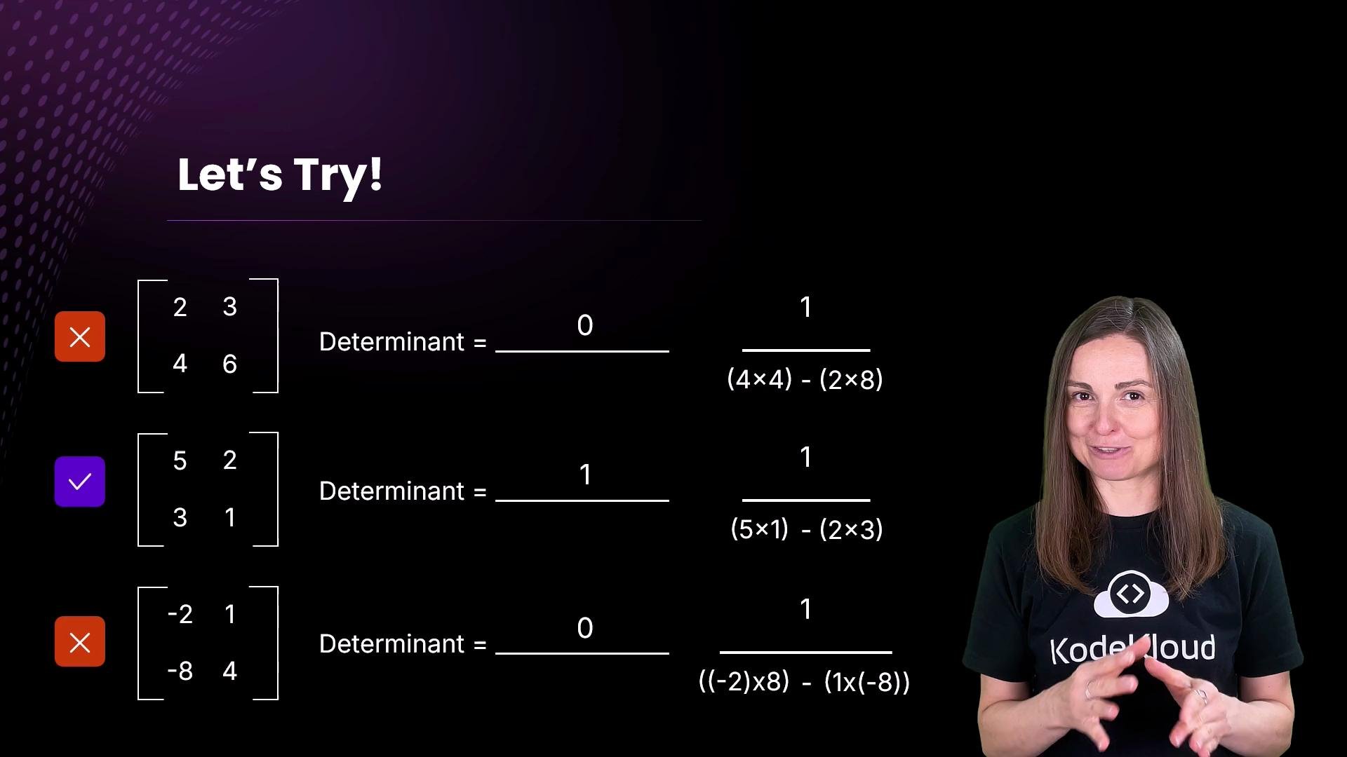 The image shows a presentation slide titled "Let's Try!" with matrices and their determinants, including checks and crosses indicating correctness. A person stands next to the slide, gesturing with their hands.