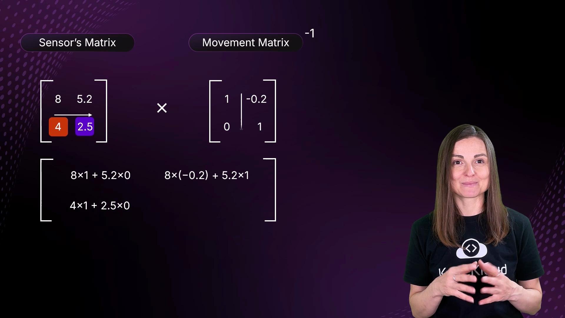 The image shows a mathematical problem involving matrix multiplication, labeled "Sensor's Matrix" and "Movement Matrix," with a person speaking or presenting in front of it. The background is a dark purple.