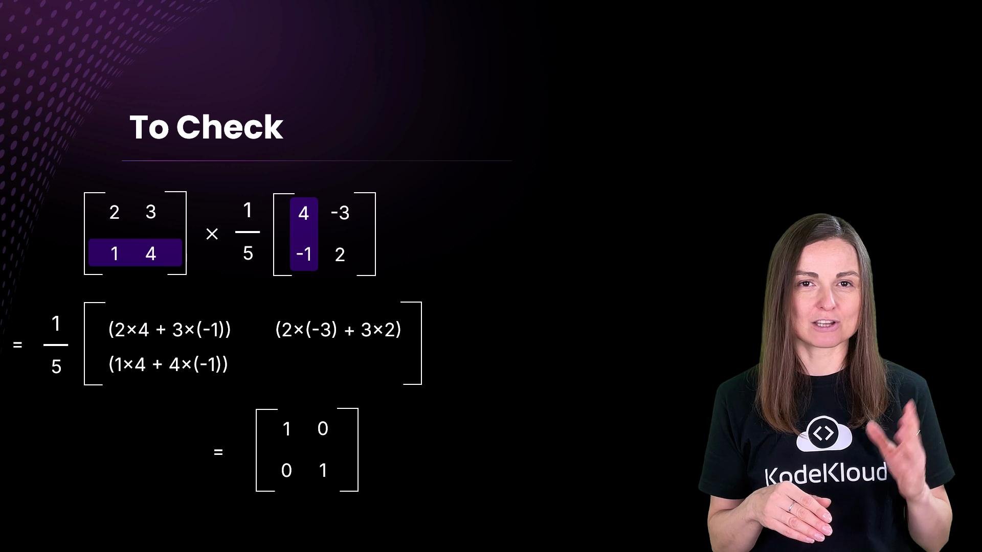 The image shows a mathematical matrix multiplication process with a result, alongside a person gesturing in front of a black background.