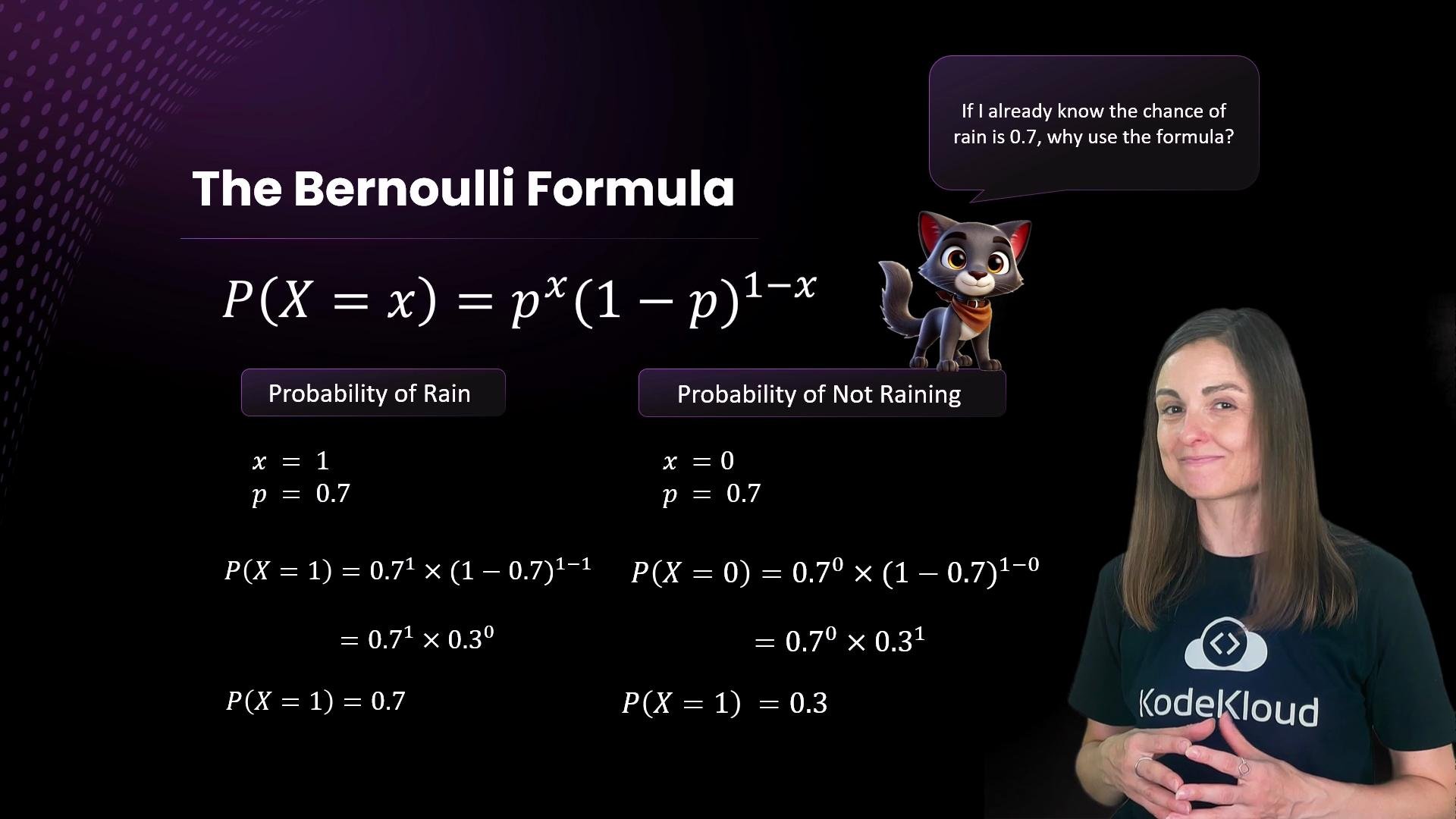 The image explains the Bernoulli formula, showing calculations for the probability of rain and not raining, with a cat character and a person alongside it.