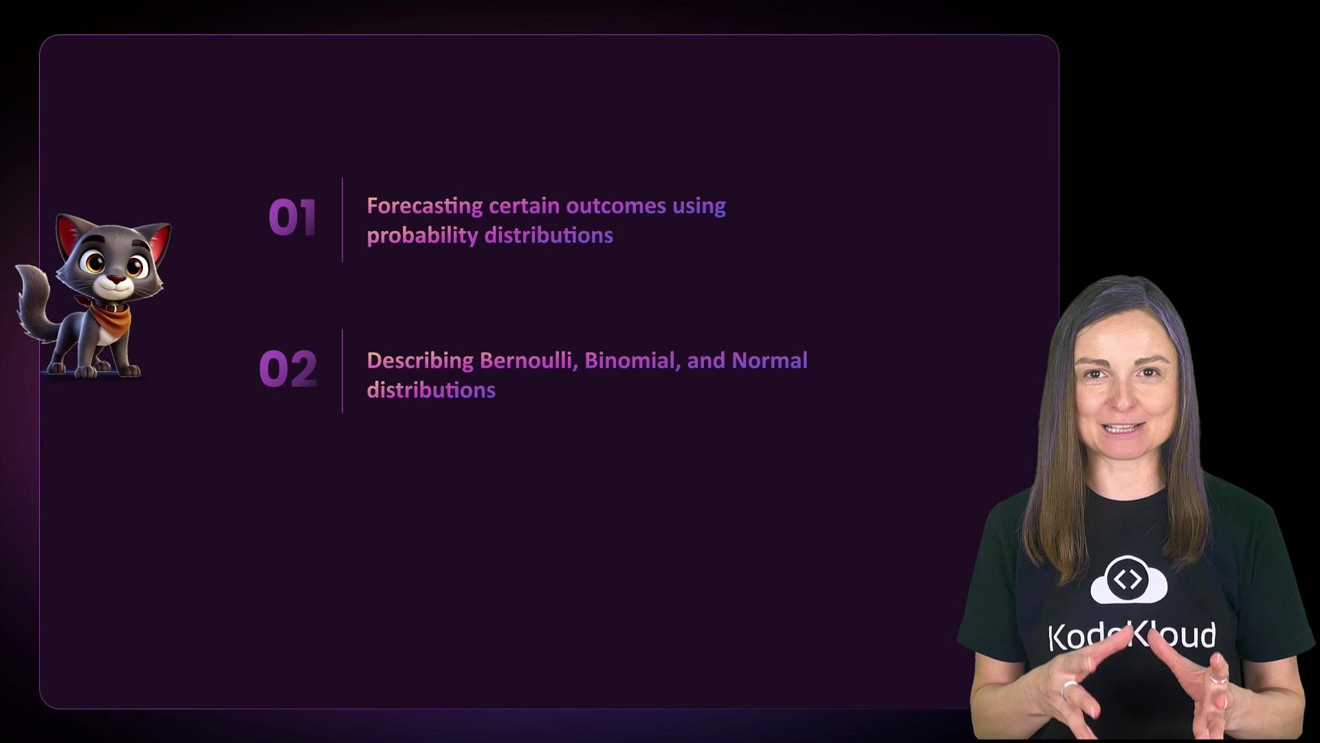 The image shows a presentation slide with two points about probability distributions, alongside an animated character on the left and a person on the right.