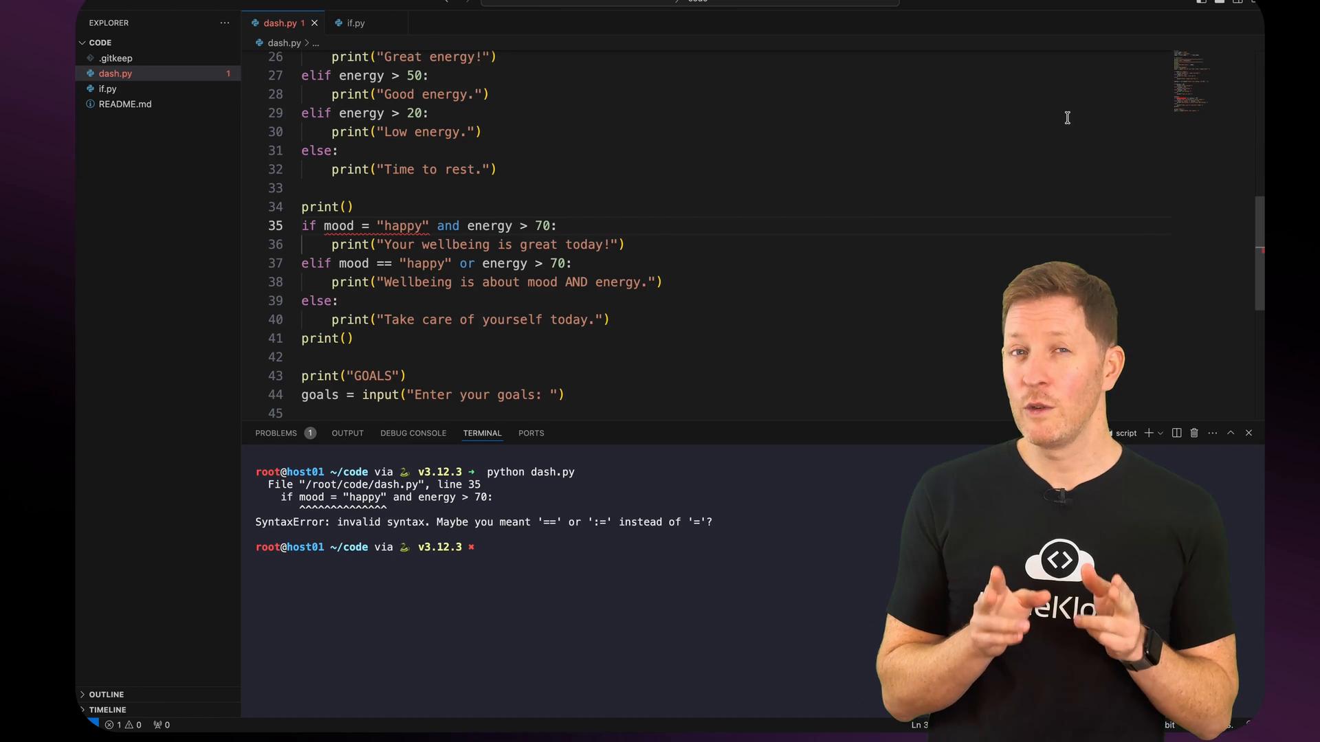 A person stands beside a large screen displaying a code editor with Python code and a terminal showing a syntax error. The visible code highlights an if-statement about mood and energy.