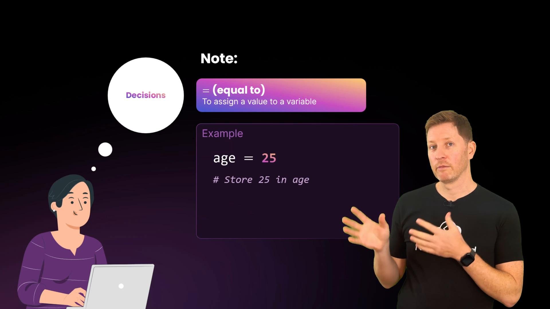 A presenter on the right gestures in front of a slide that shows a cartoon person at a laptop and a callout labeled "Decisions." The slide explains the assignment operator "=" with the example "age = 25."