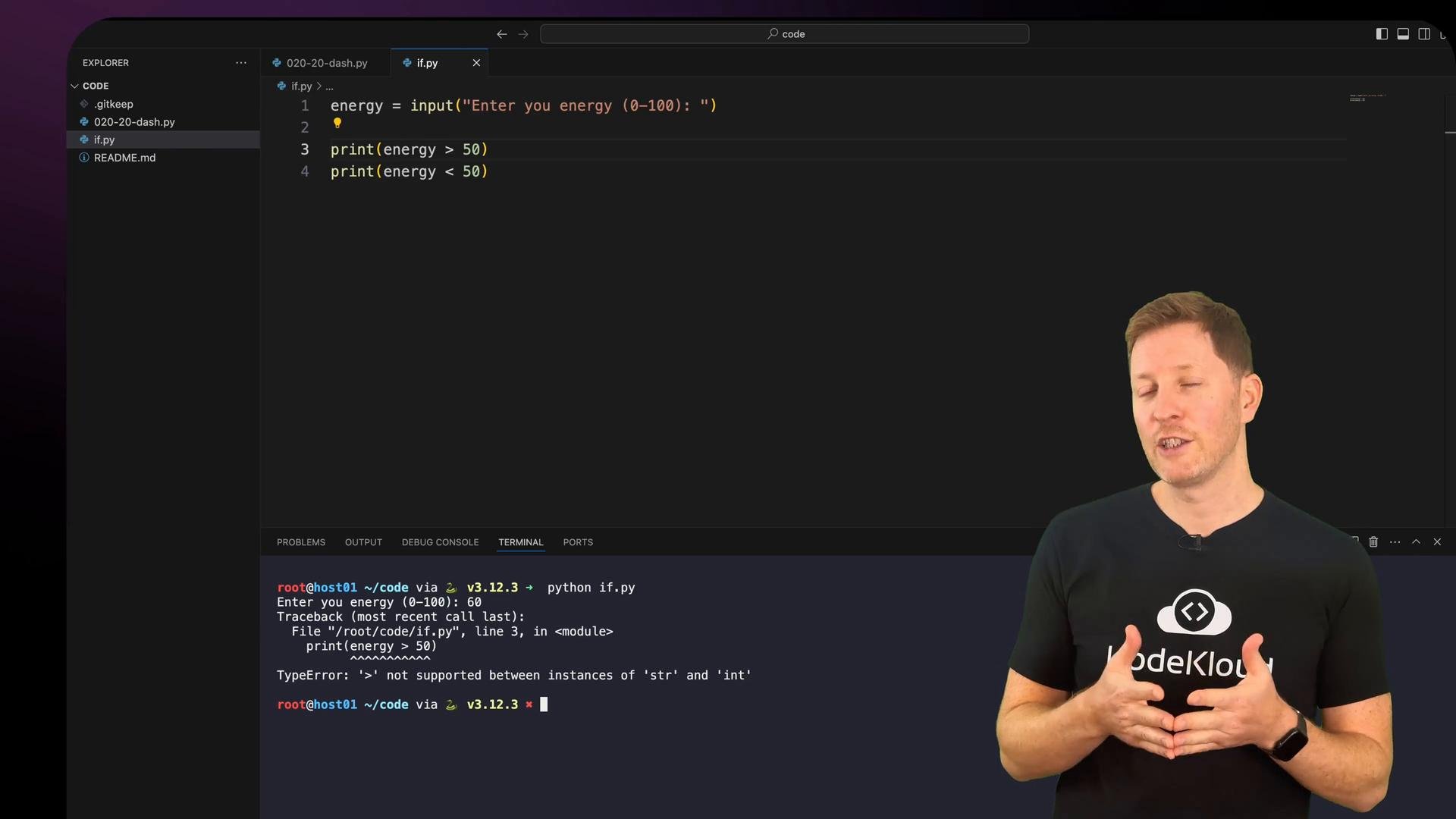 A code editor window shows a short Python script and a terminal with a TypeError message. A person is pictured in the lower-right, gesturing as if explaining the code.