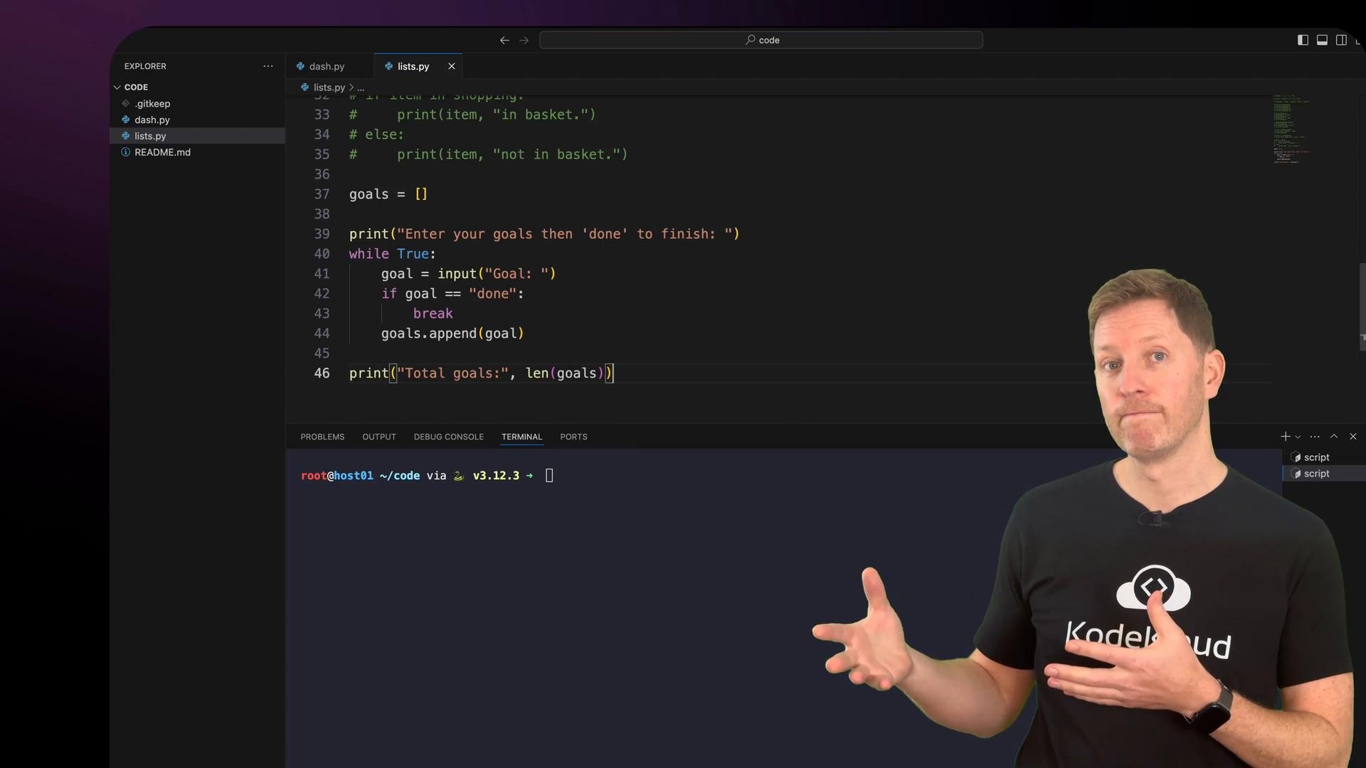 A code editor window (showing Python code to collect goals and a terminal) fills most of the screen. A man in a black t‑shirt stands on the right, gesturing toward the code.