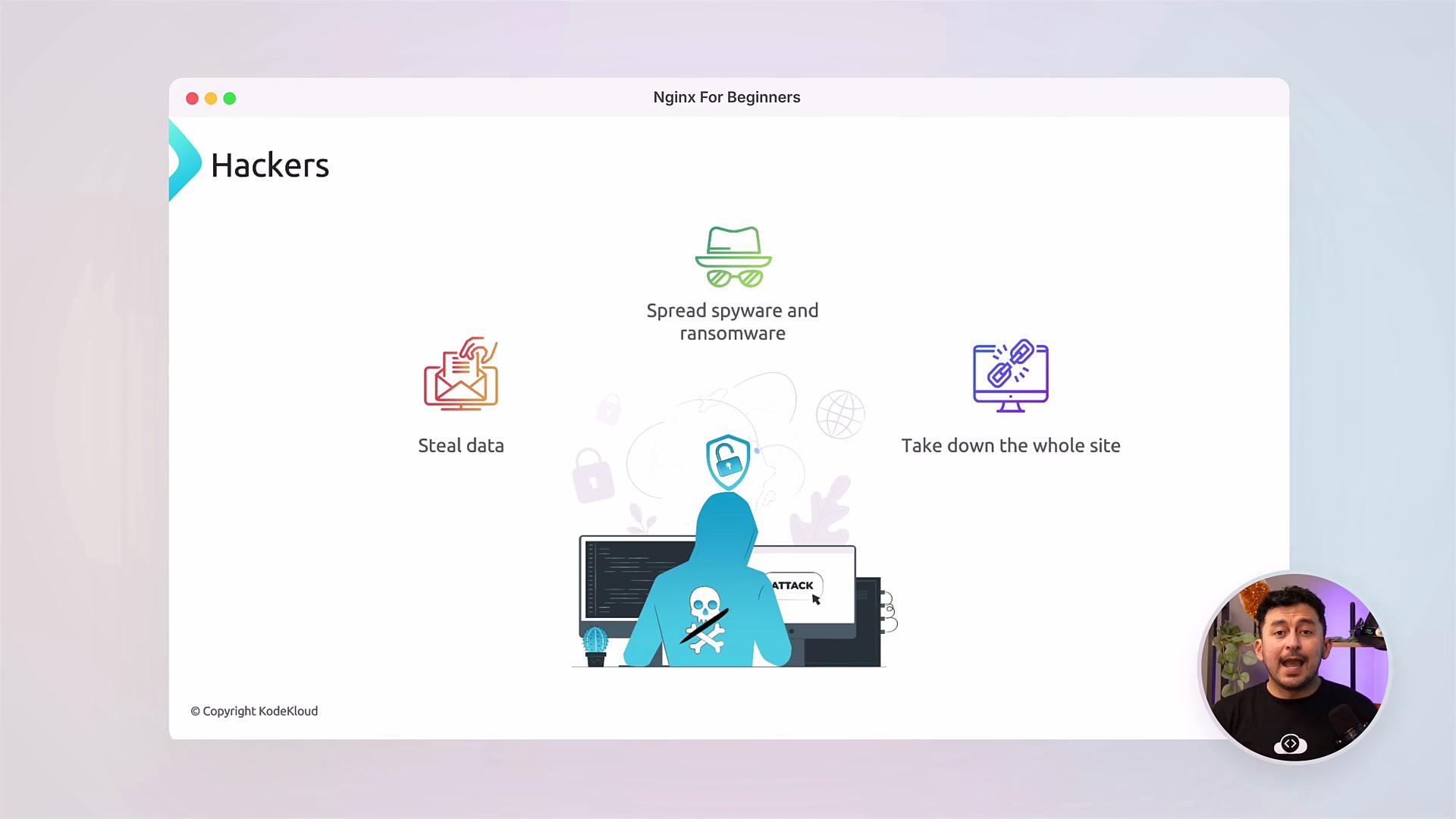 A presentation slide titled "Hackers" with icons and brief labels about stealing data, spreading spyware/ransomware, and taking down sites, centered around an illustration of a hooded hacker at a computer. A small circular video inset of a person speaking appears in the bottom-right.