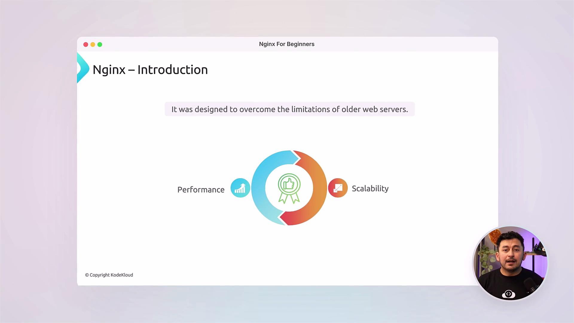 A presentation slide titled "Nginx – Introduction" with a circular infographic highlighting performance and scalability. A small inset video of a presenter appears in the bottom-right and the slide reads "It was designed to overcome the limitations of older web servers."