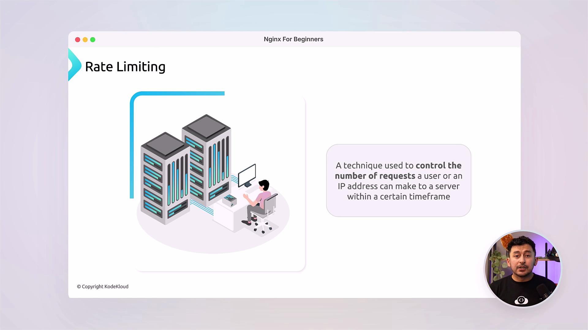 A presentation slide titled "Rate Limiting" with an illustration of server racks connected to a person at a desk and a text box explaining rate limiting. A small video thumbnail of a presenter appears in the bottom-right corner.
