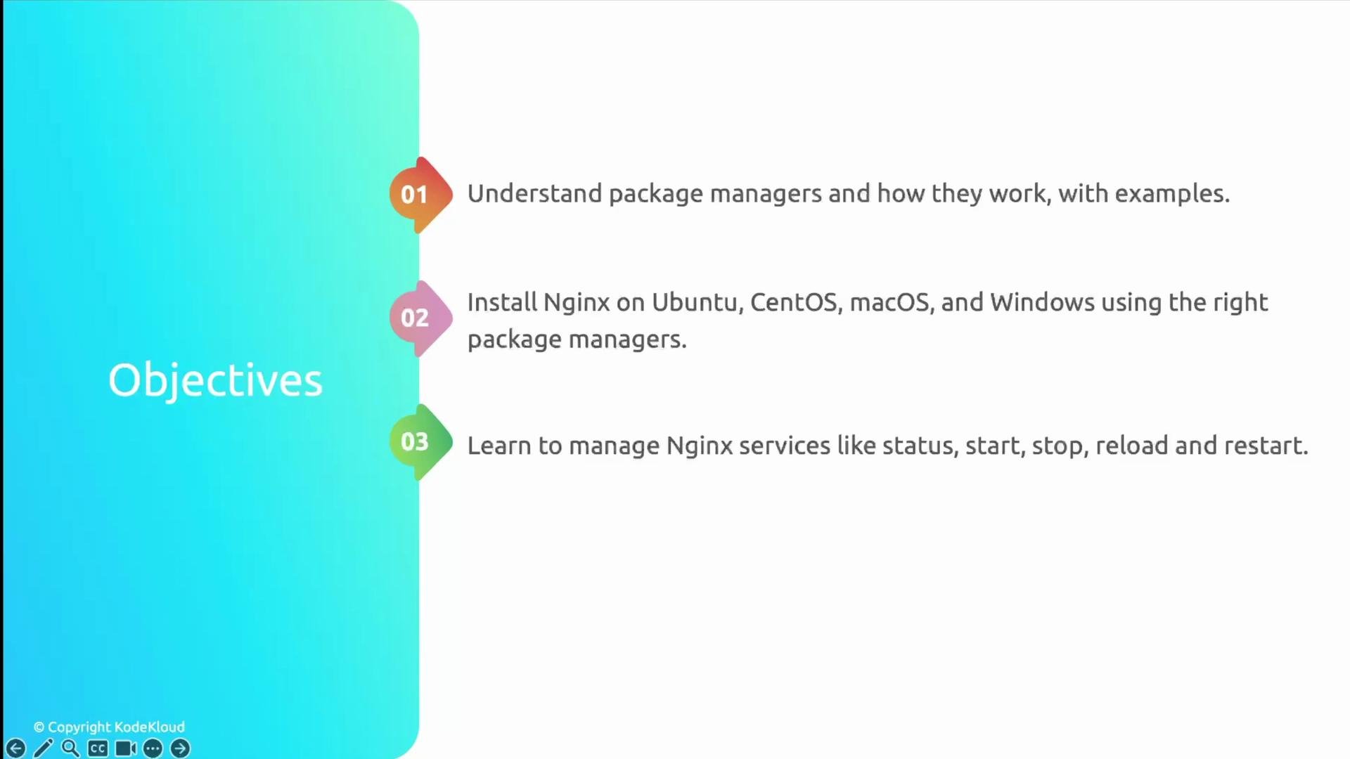 A presentation slide titled "Objectives" listing three goals: understand package managers, install Nginx on Ubuntu/CentOS/macOS/Windows, and manage Nginx services (status, start, stop, reload, restart).