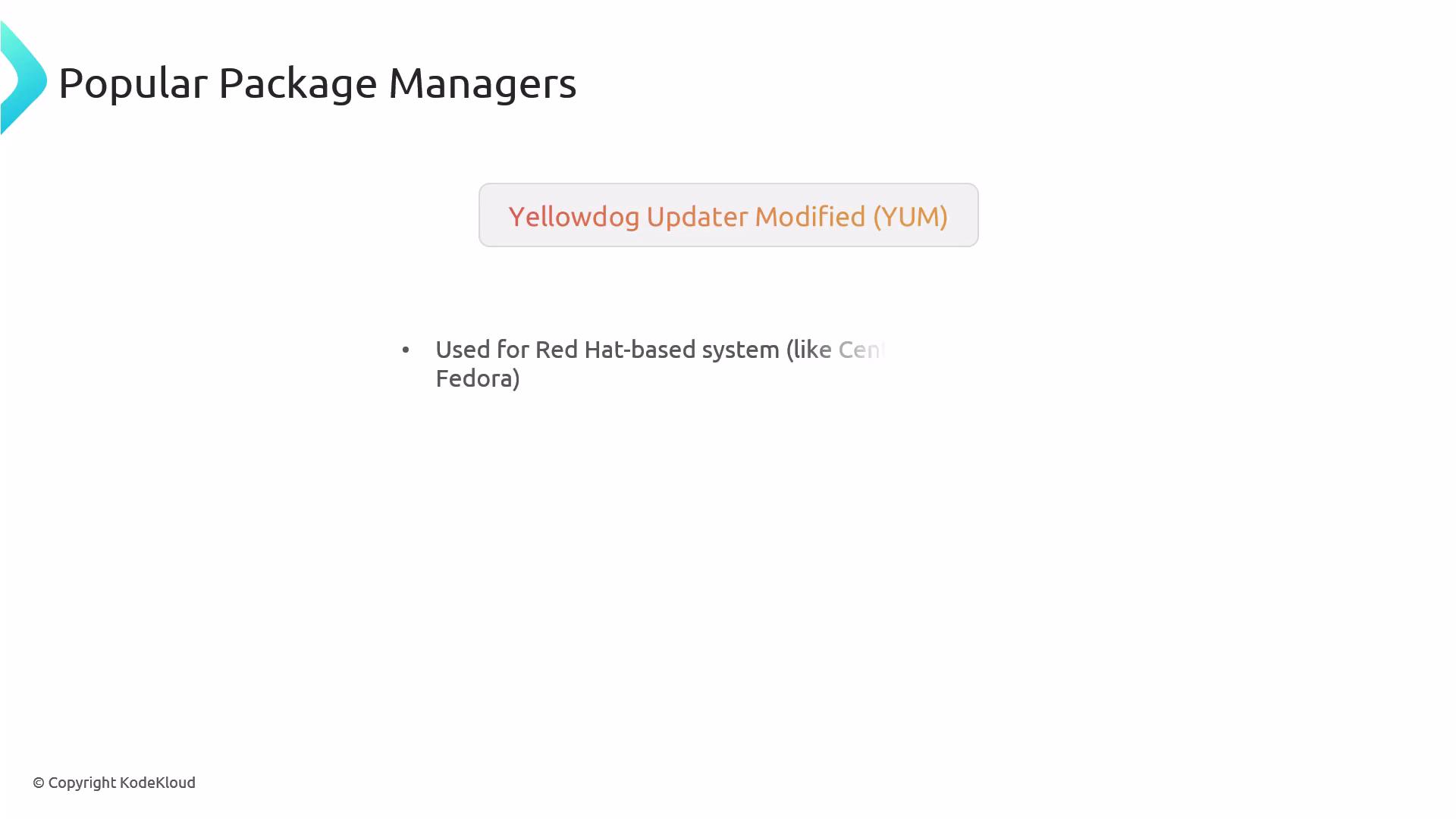 A presentation slide titled "Popular Package Managers" showing a highlighted badge for "Yellowdog Updater Modified (YUM)". A bullet notes it is used for Red Hat–based systems (like CentOS and Fedora).