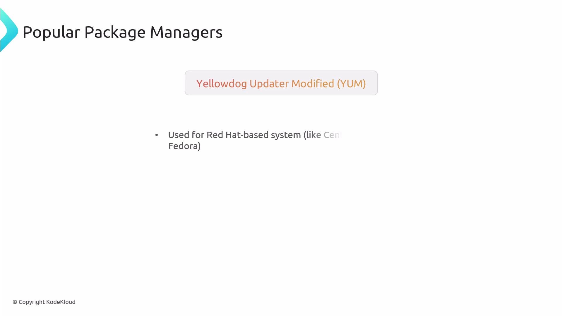 A presentation slide titled "Popular Package Managers" showing a highlighted badge for "Yellowdog Updater Modified (YUM)". A bullet notes it is used for Red Hat–based systems (like CentOS and Fedora).