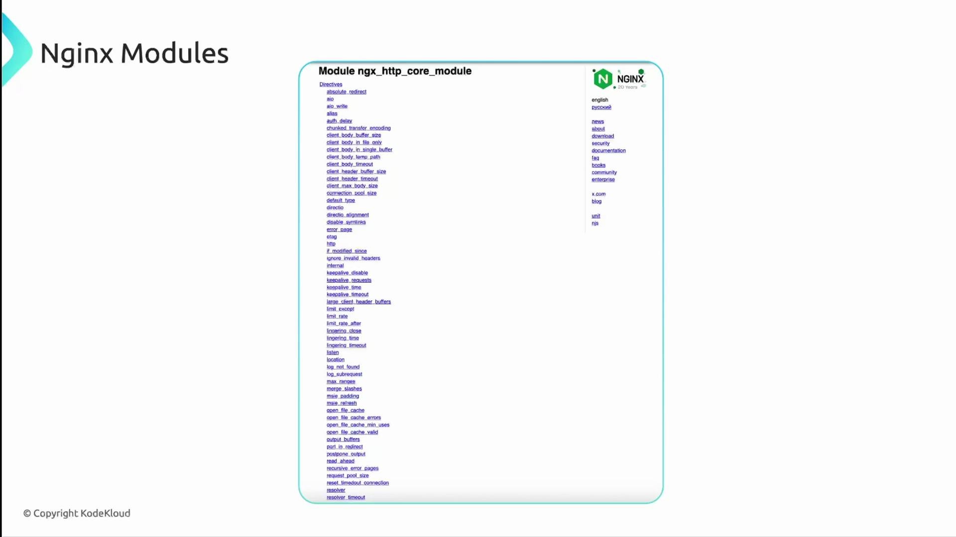 A presentation slide titled "Nginx Modules" showing a screenshot of the ngx_http_core_module documentation with a long list of Nginx directive names and the NGINX logo. The slide also credits KodeKloud in the corner.
