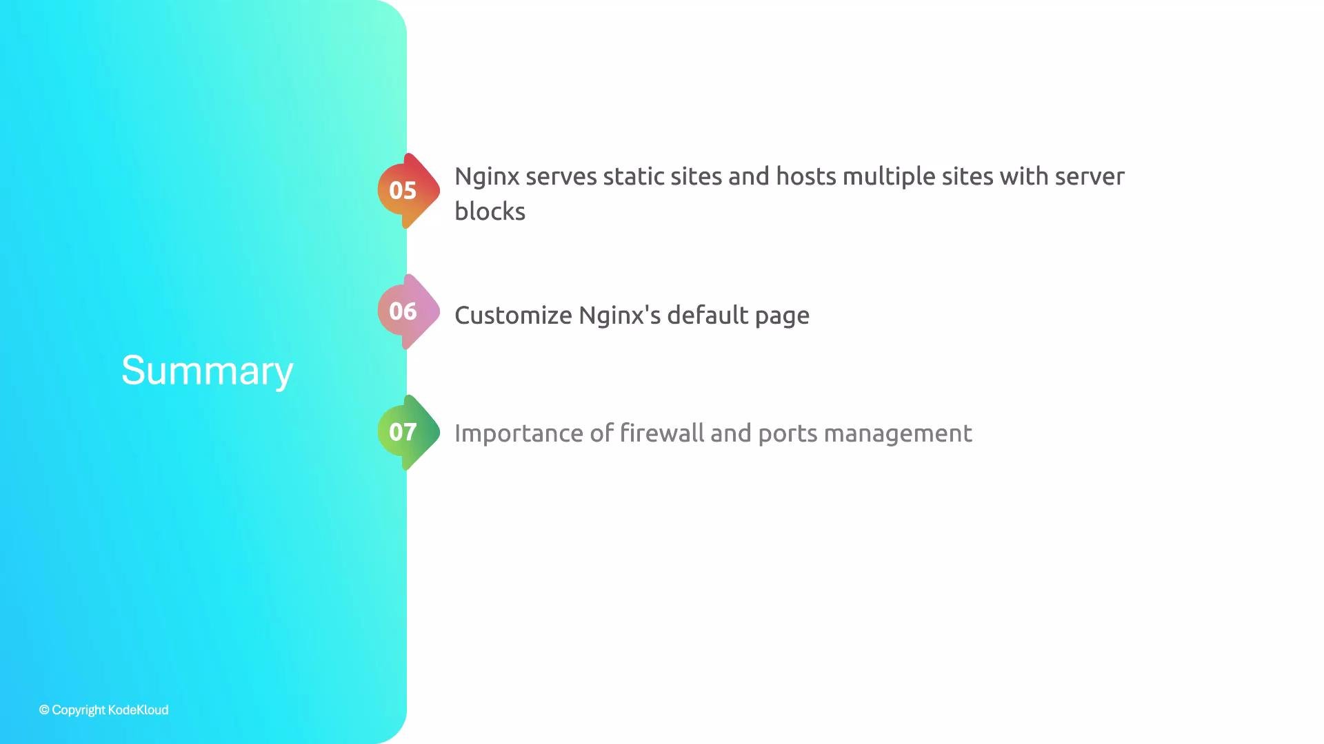 A presentation summary slide with a turquoise left panel and the title "Summary."Three numbered points list Nginx topics: serving static sites and hosting multiple sites with server blocks, customizing Nginx's default page, and the importance of firewall and ports management.