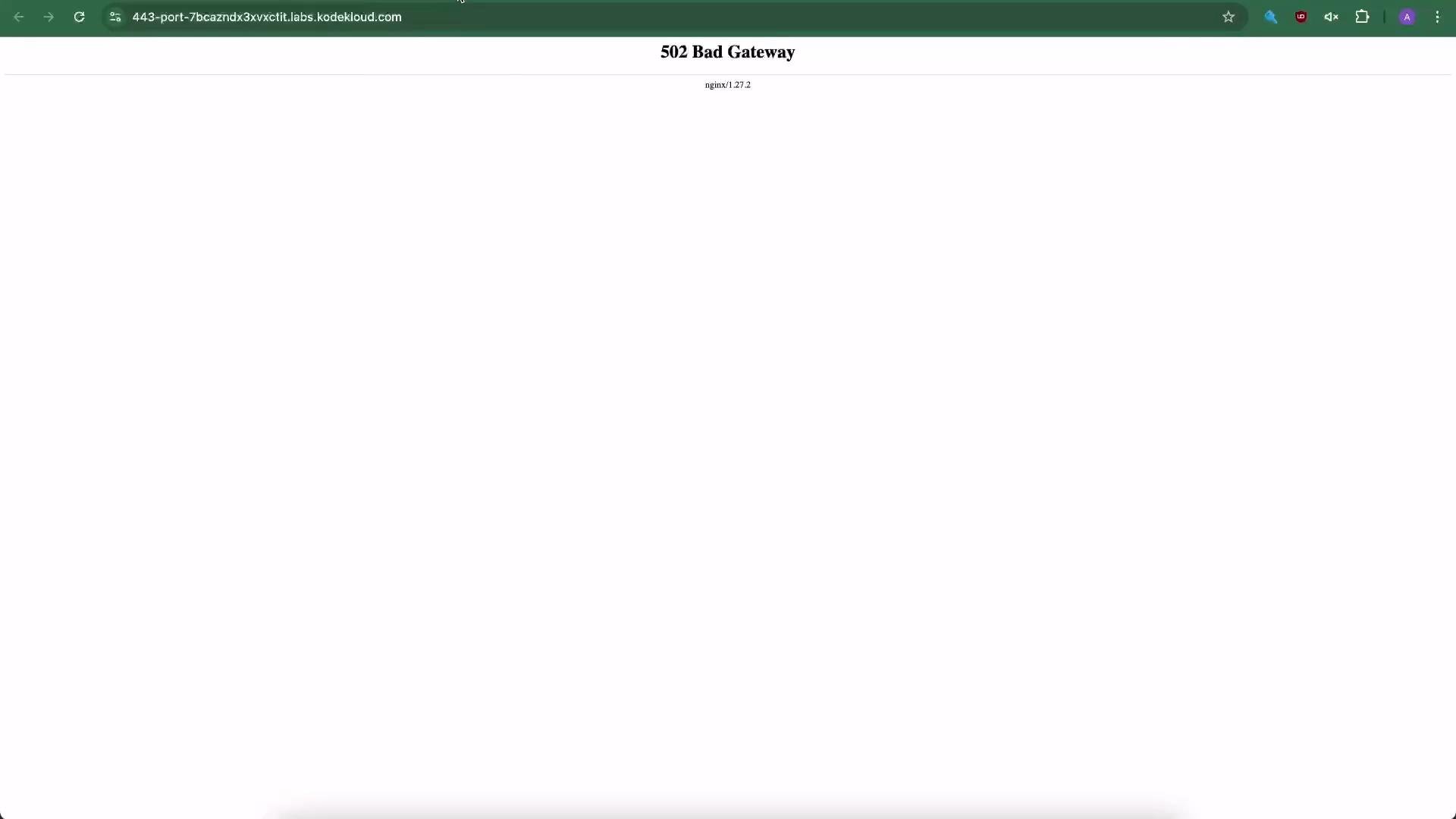 A browser window showing a "502 Bad Gateway" error page. The page is mostly blank and displays "nginx/1.27.2" under the error message.