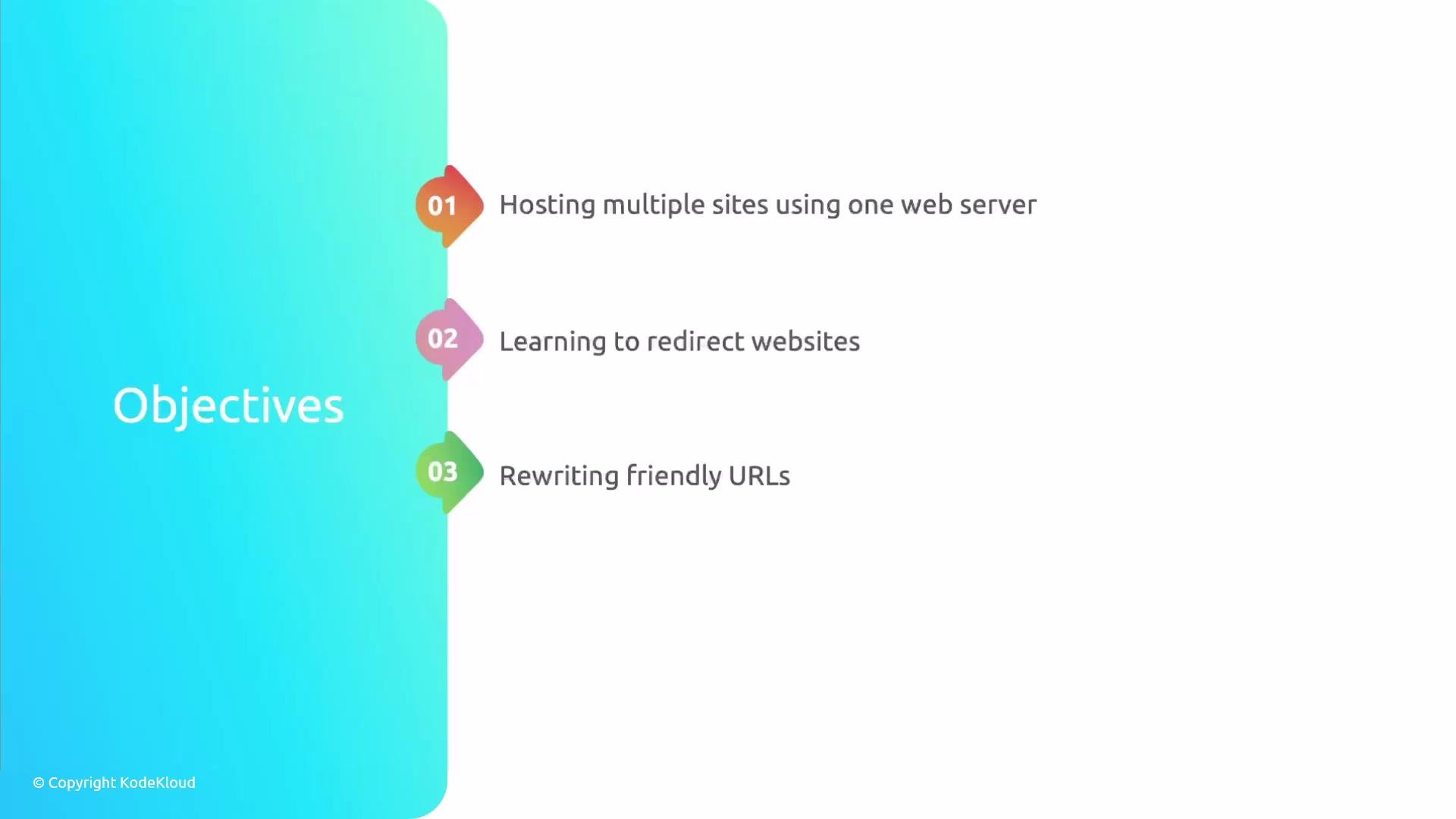 A slide titled "Objectives" with a teal gradient panel on the left. On the right are three numbered goals: hosting multiple sites on one web server, learning to redirect websites, and rewriting friendly URLs.