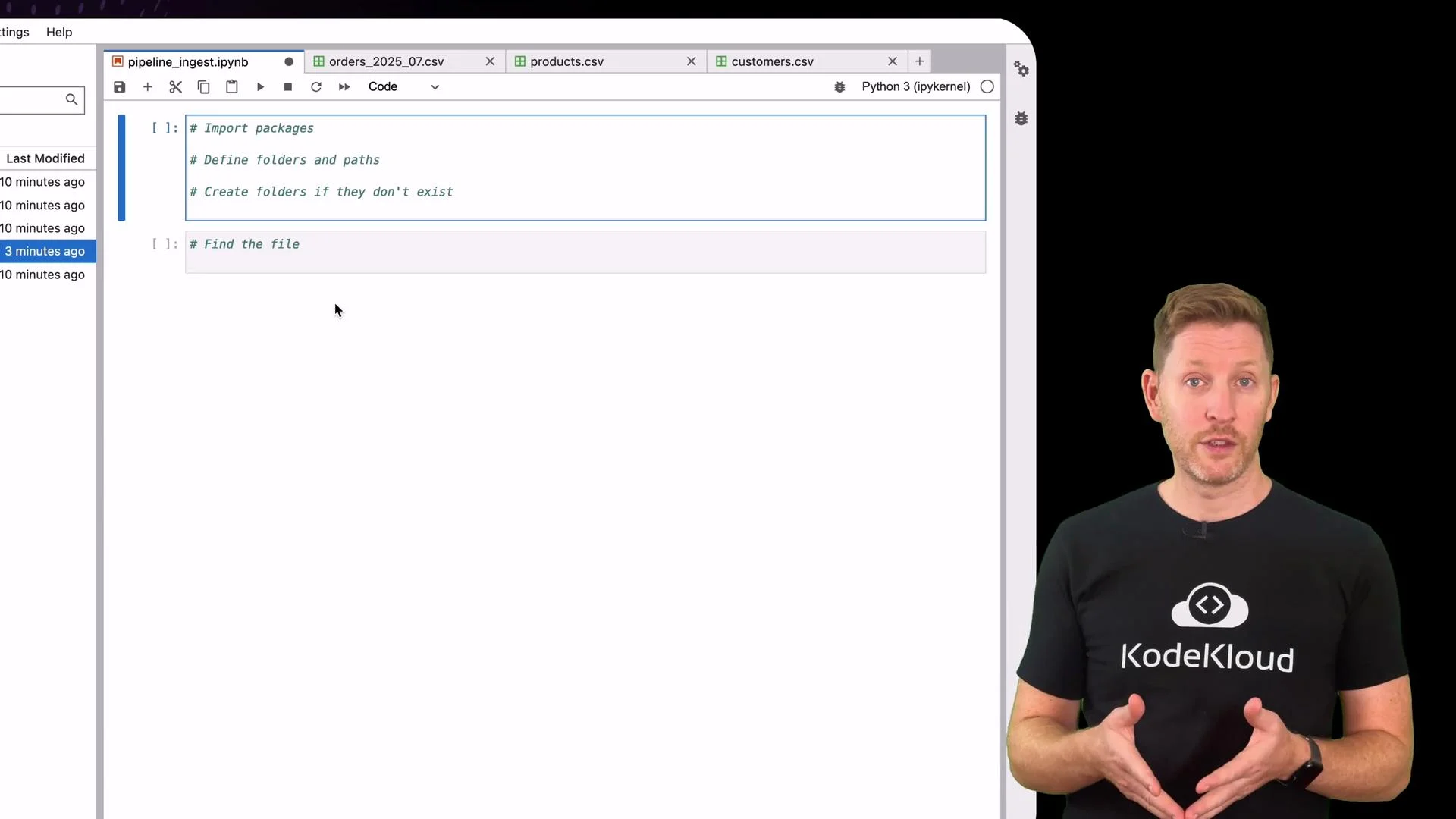 The image shows a person standing next to a Jupyter notebook interface on a screen, with some commented lines of code visible. The person is wearing a shirt with a "KodeKloud" logo.