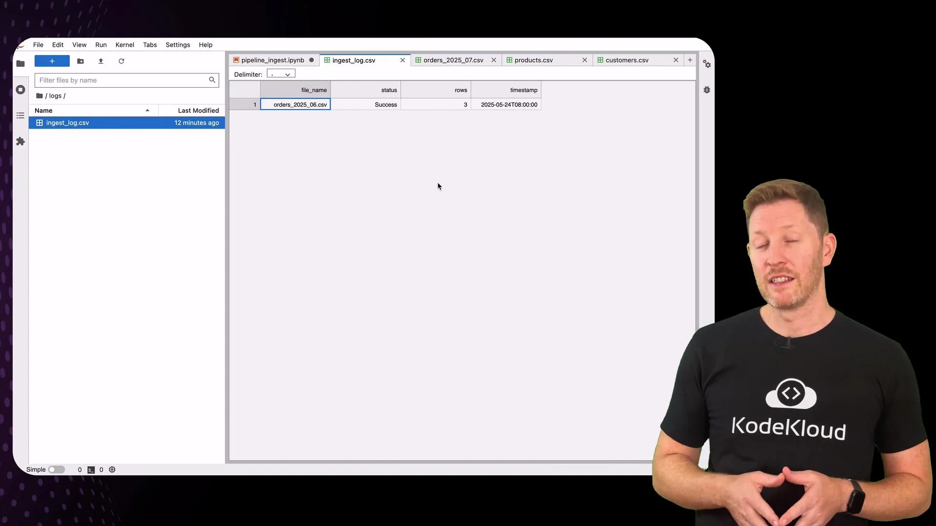 The image shows a person standing in front of a computer screen displaying a file explorer and a CSV file. The person is wearing a black shirt with a "KodeKloud" logo.