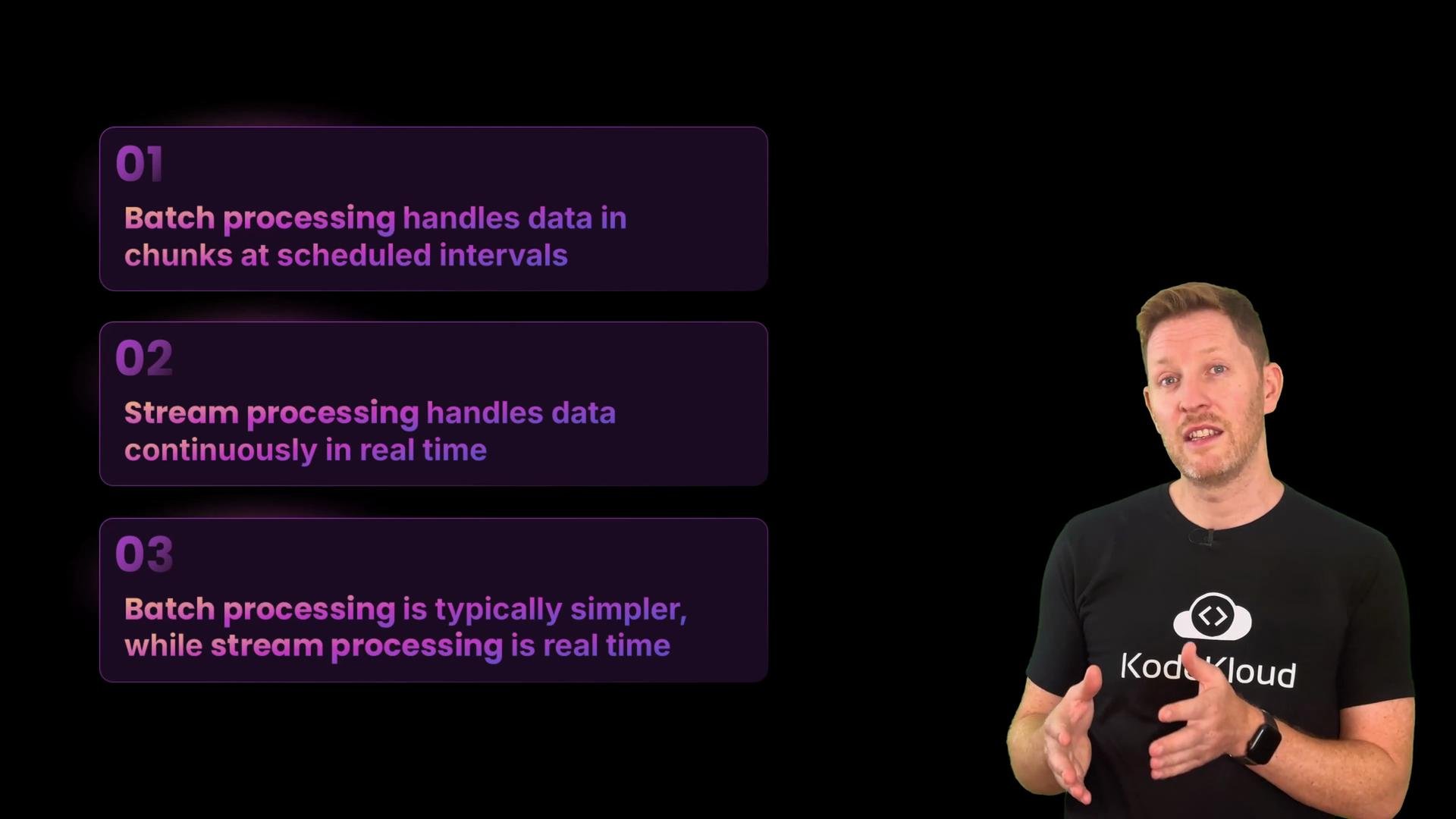 The image describes the differences between batch processing and stream processing, with a person standing next to the text boxes on a black background.