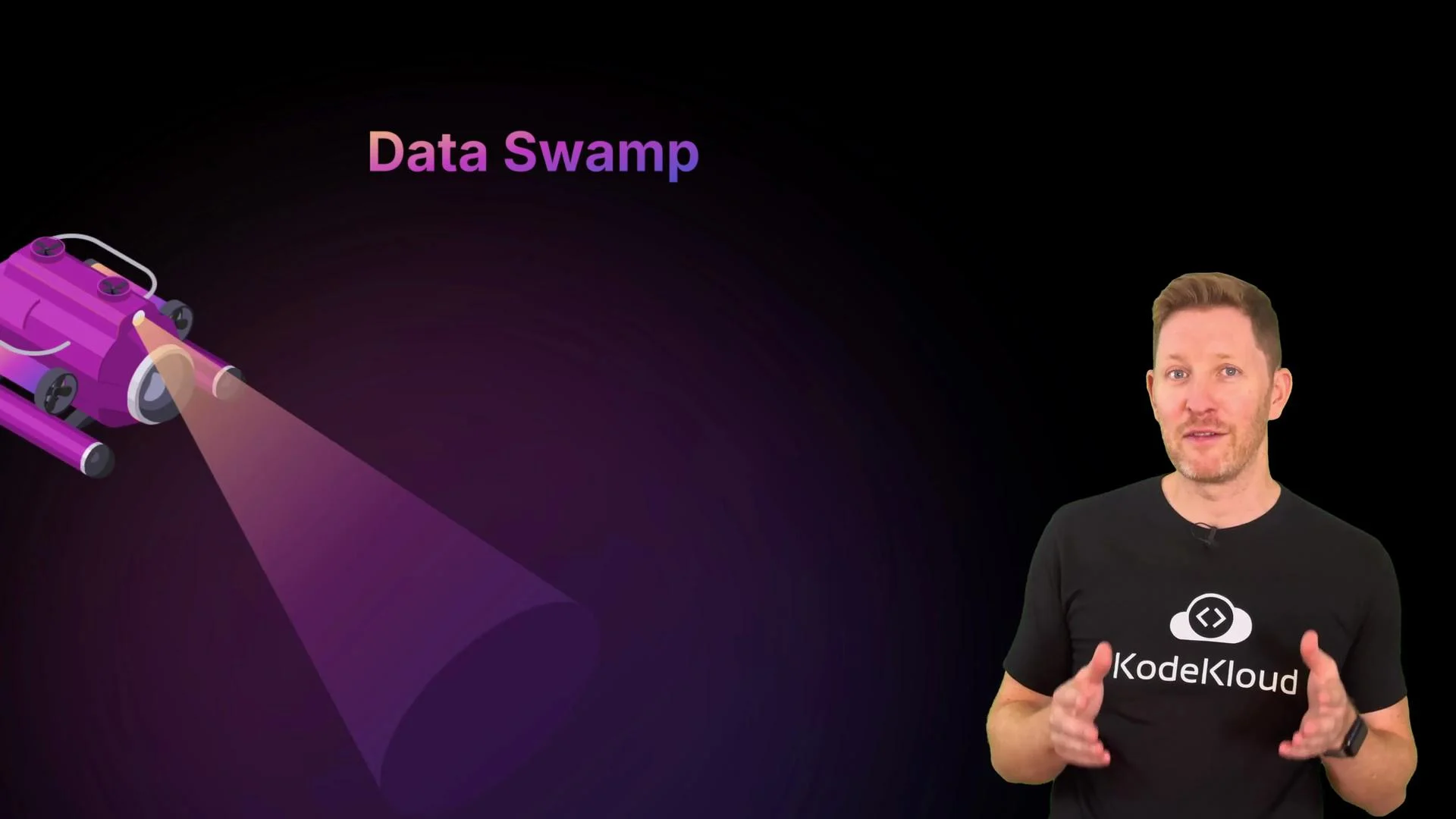 The image shows a man wearing a "KodeKloud" t-shirt standing next to a graphic of a purple spotlight and the phrase "Data Swamp."