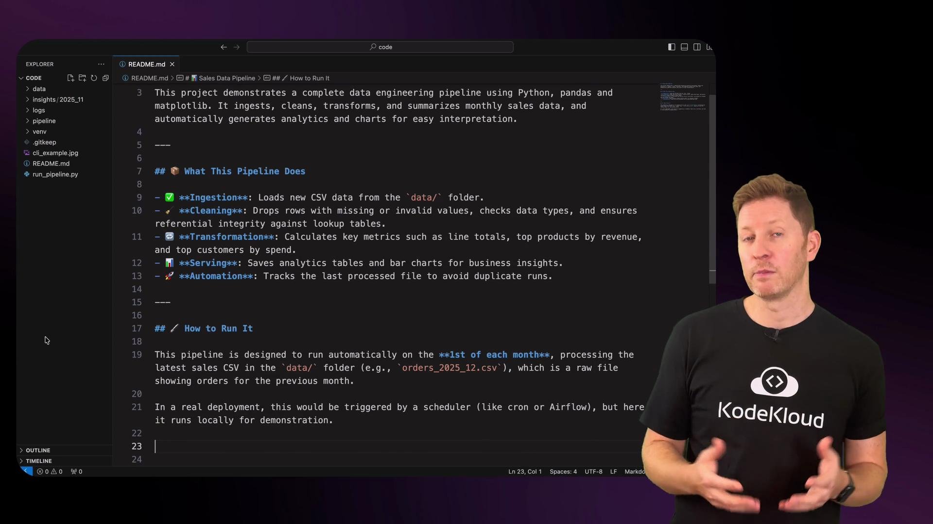 The image shows a person in front of a computer screen displaying code related to a data engineering pipeline project. The project involves data ingestion, cleaning, transformation, serving, and automation using Python, pandas, and matplotlib.