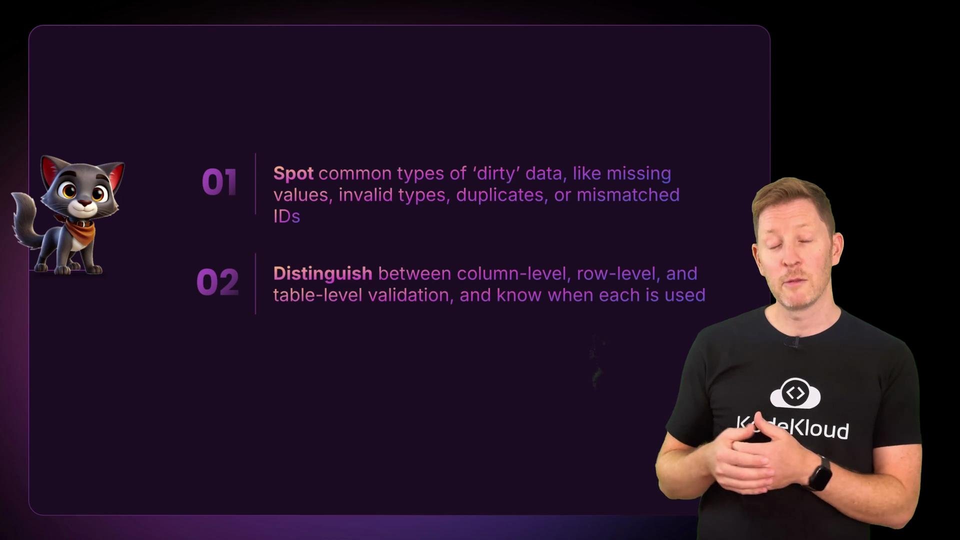 The image shows a person standing next to a presentation slide with a cartoon dog and text discussing data validation concepts.