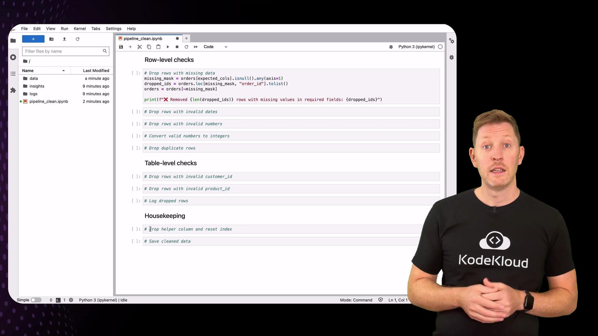 The image shows a person standing next to a screenshot of a Jupyter Notebook interface with Python code aimed at cleaning data through row-level and table-level checks. The code involves dropping rows with missing data and invalid entries.