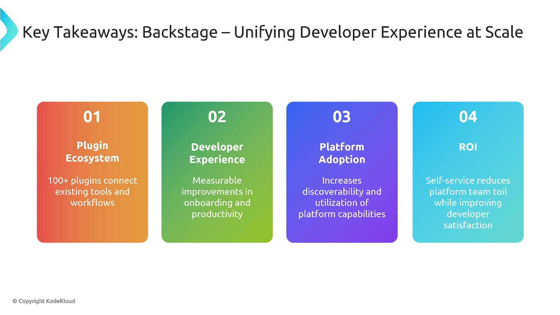 A presentation slide titled "Key Takeaways: Backstage — Unifying Developer Experience at Scale" showing four colored, numbered panels summarizing: 01 Plugin Ecosystem, 02 Developer Experience, 03 Platform Adoption, and 04 ROI, each with a short explanatory line.