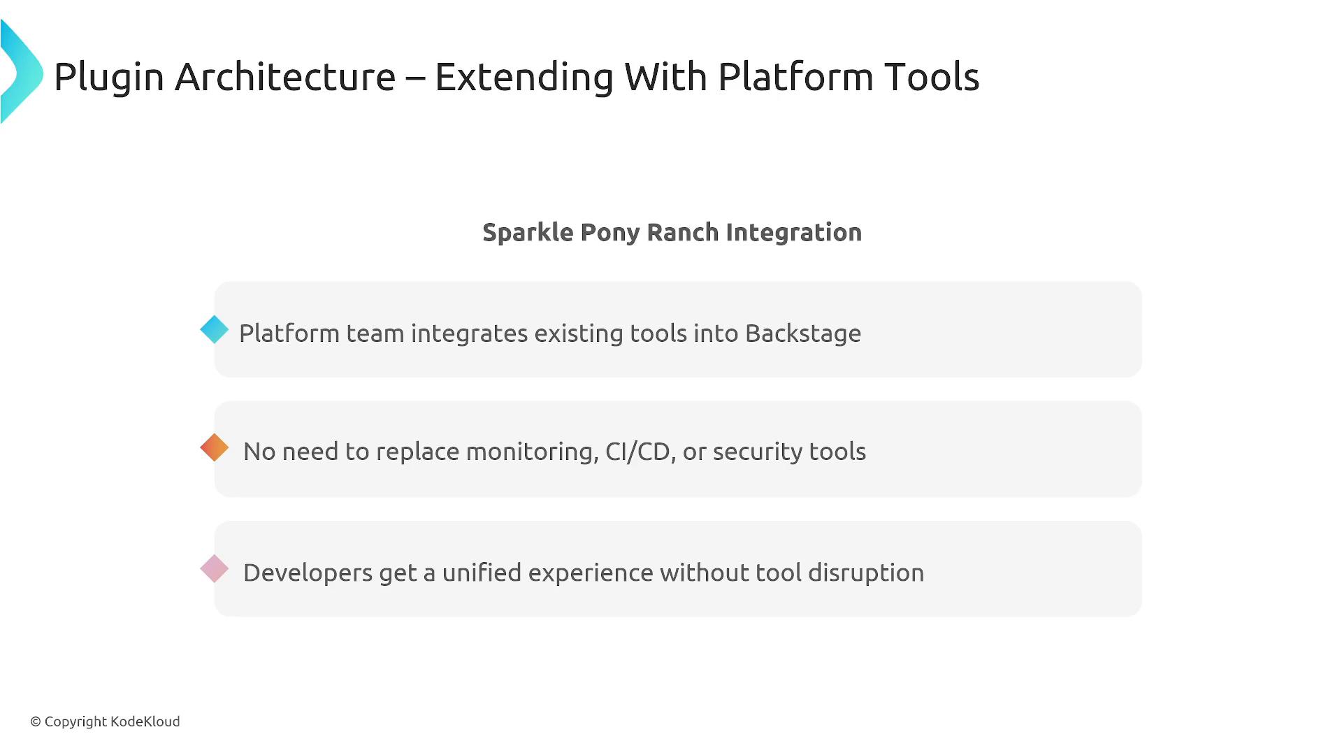 A presentation slide titled "Plugin Architecture – Extending With Platform Tools" with the subtitle "Sparkle Pony Ranch Integration." It lists three points: platform team integrates existing tools into Backstage, no need to replace monitoring/CI/CD/security tools, and developers get a unified experience without tool disruption.