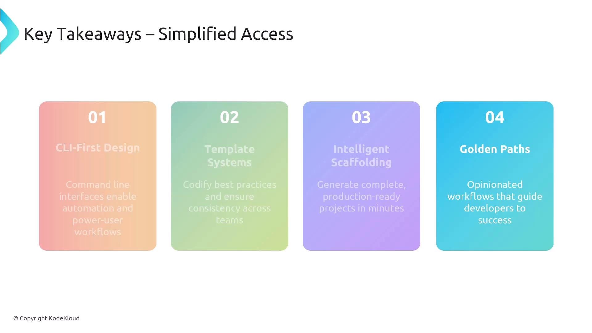 A presentation slide titled "Key Takeaways – Simplified Access" showing four colorful rounded cards numbered 01–04. Each card lists a takeaway: CLI-First Design, Template Systems, Intelligent Scaffolding, and Golden Paths.