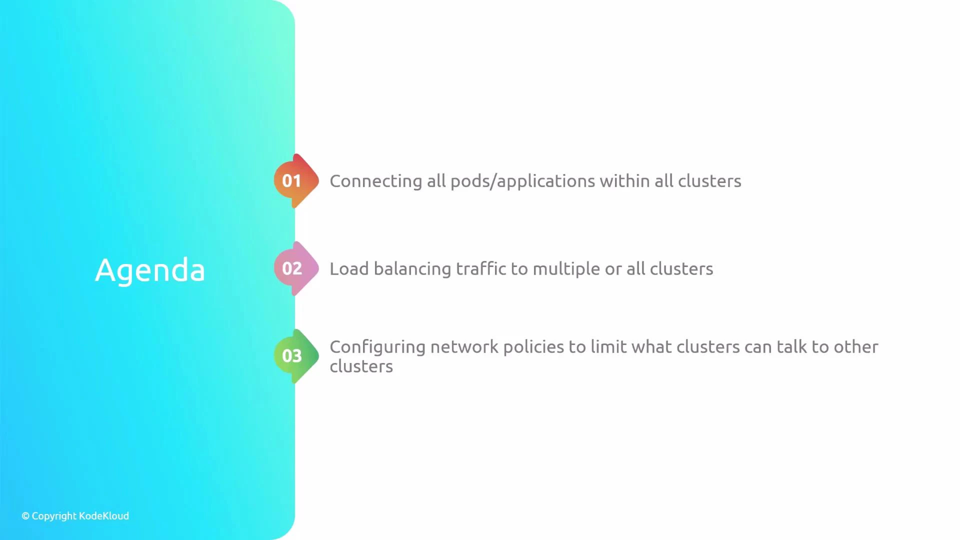 A presentation slide titled "Agenda" with a turquoise left panel and three numbered items on the right. The items cover connecting pods/applications across clusters, load-balancing traffic to multiple clusters, and configuring network policies to restrict inter-cluster communication.