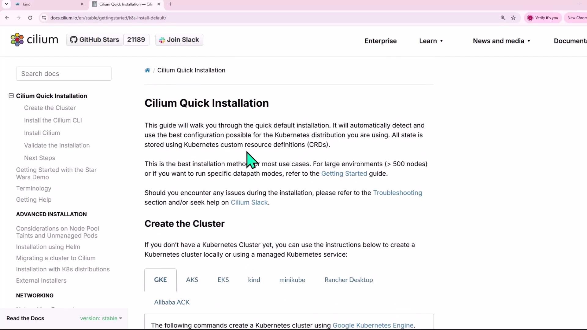 A browser screenshot of the Cilium documentation page titled "Cilium Quick Installation," showing installation instructions and a left-hand navigation menu. A green mouse cursor is visible pointing at the page text.